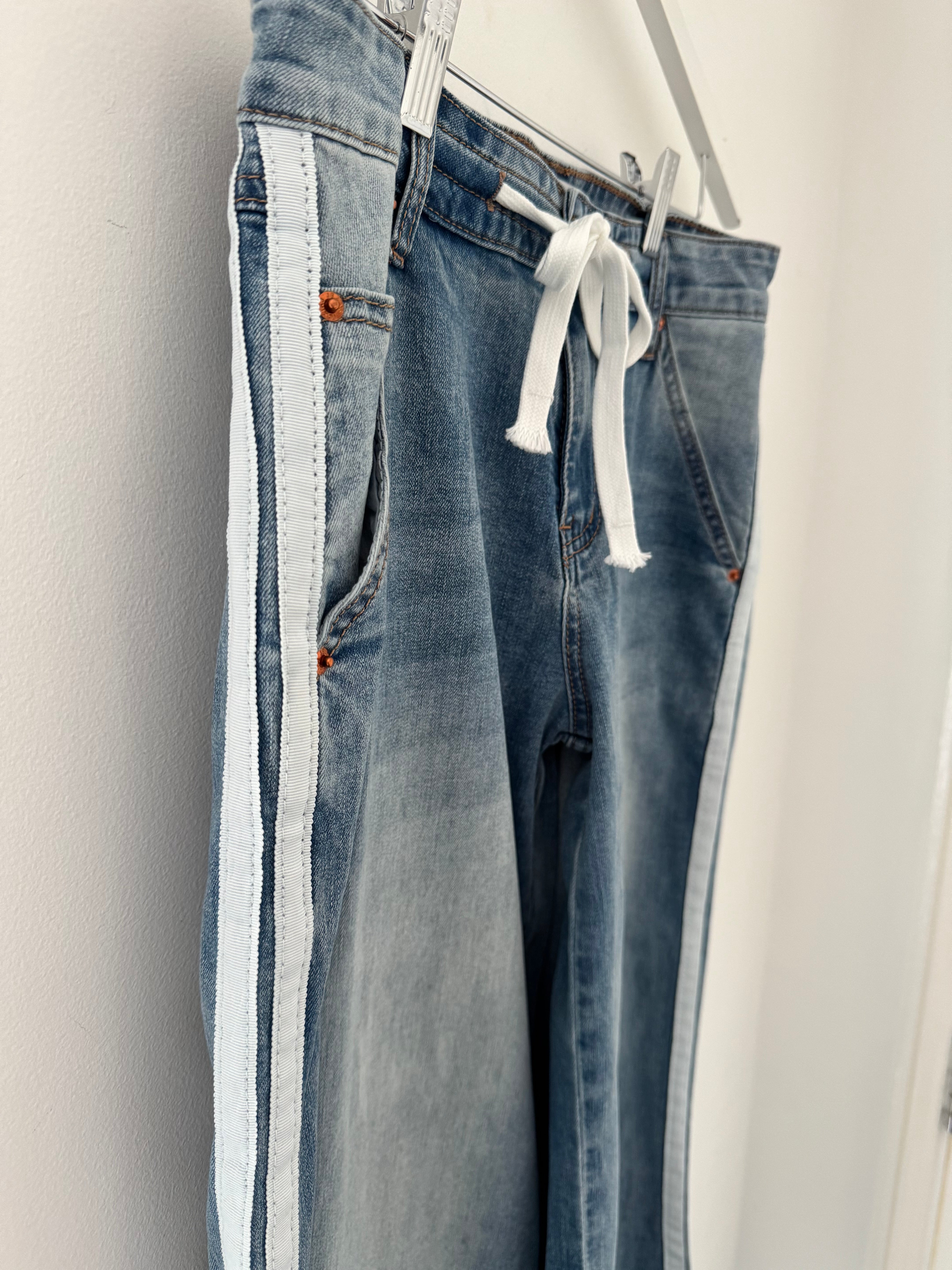 Soft Flared Jeans with Side Stripes in Light Denim