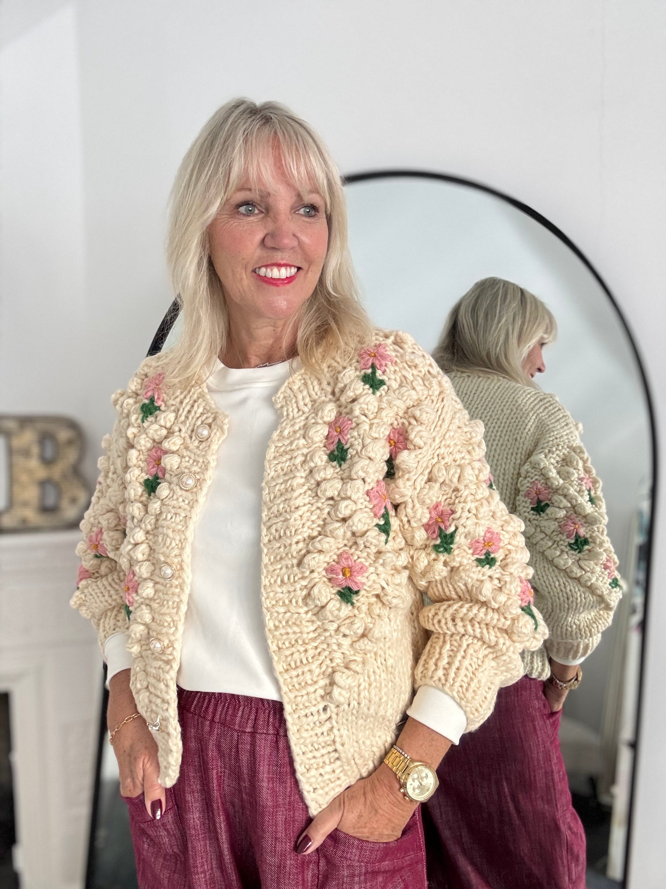 Hand Knitted Cardi with Embroidered Flowers