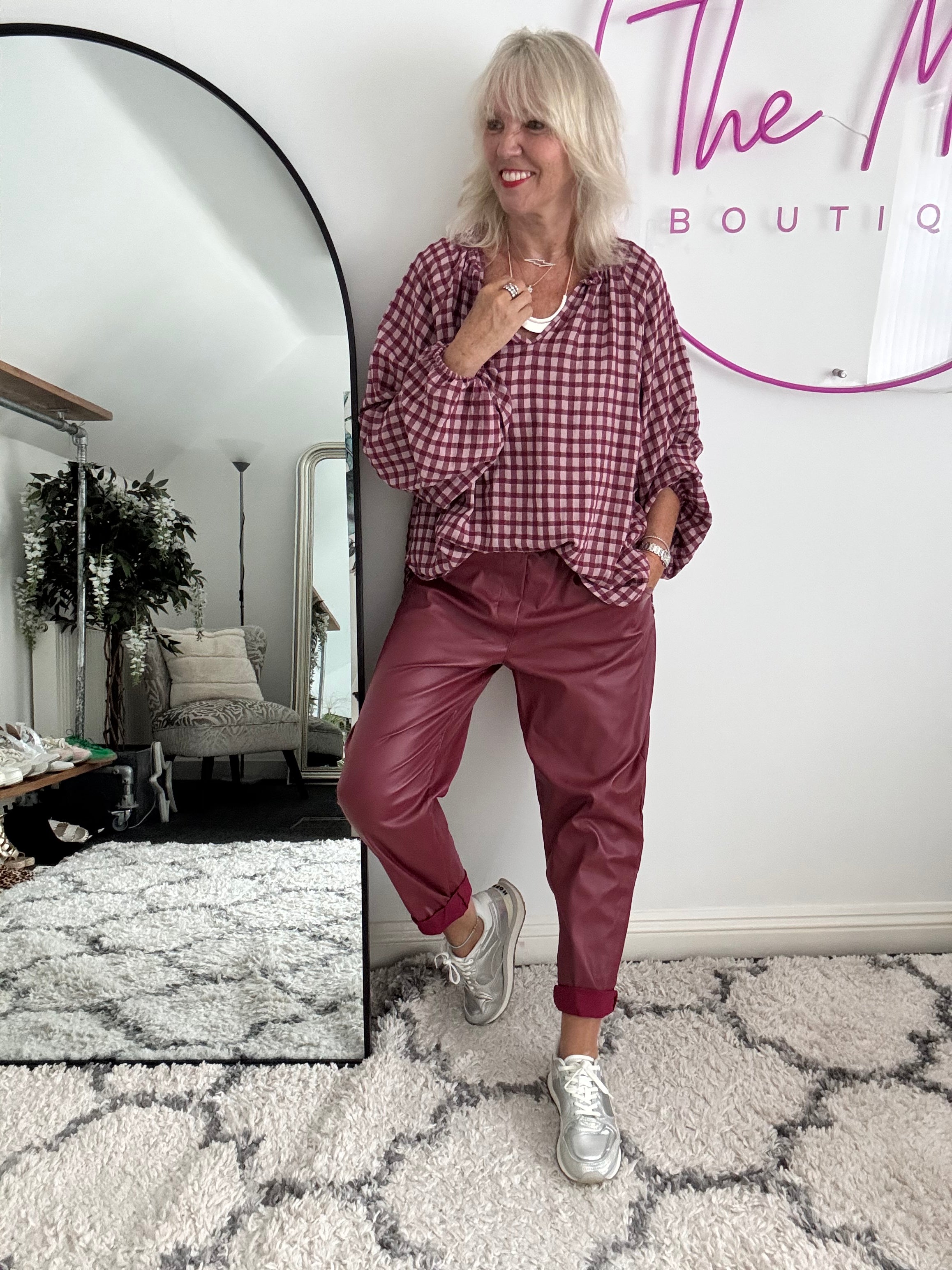 Super Stretch Waxed Barrel Trousers in Berry