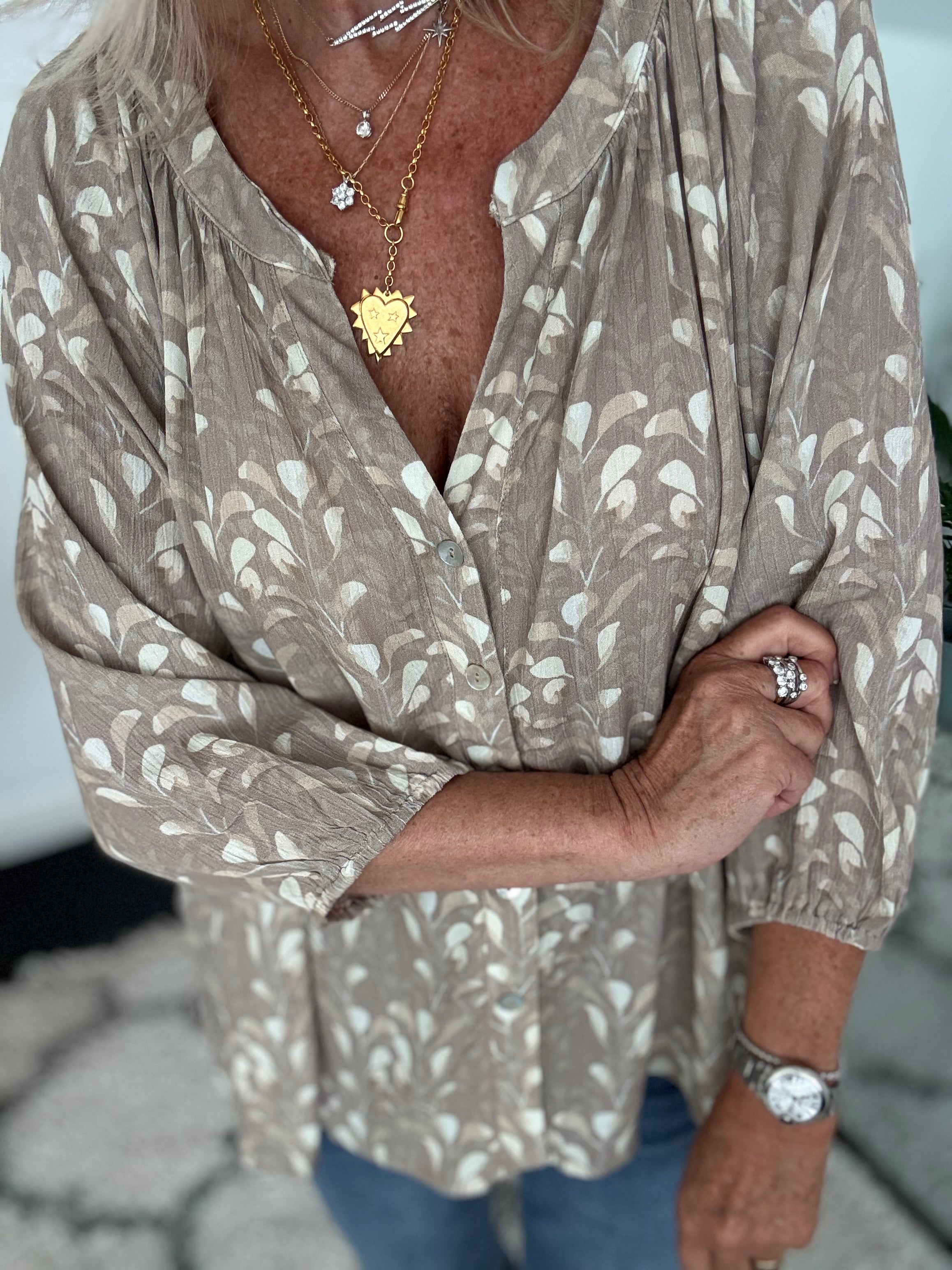 Leaf Print Blouse in Mocha