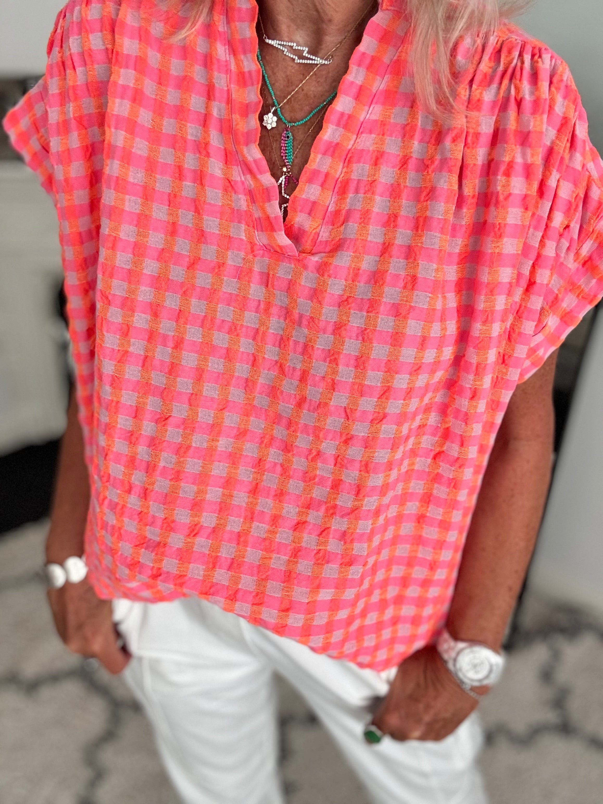 Check Top in Neon Pink & Orange