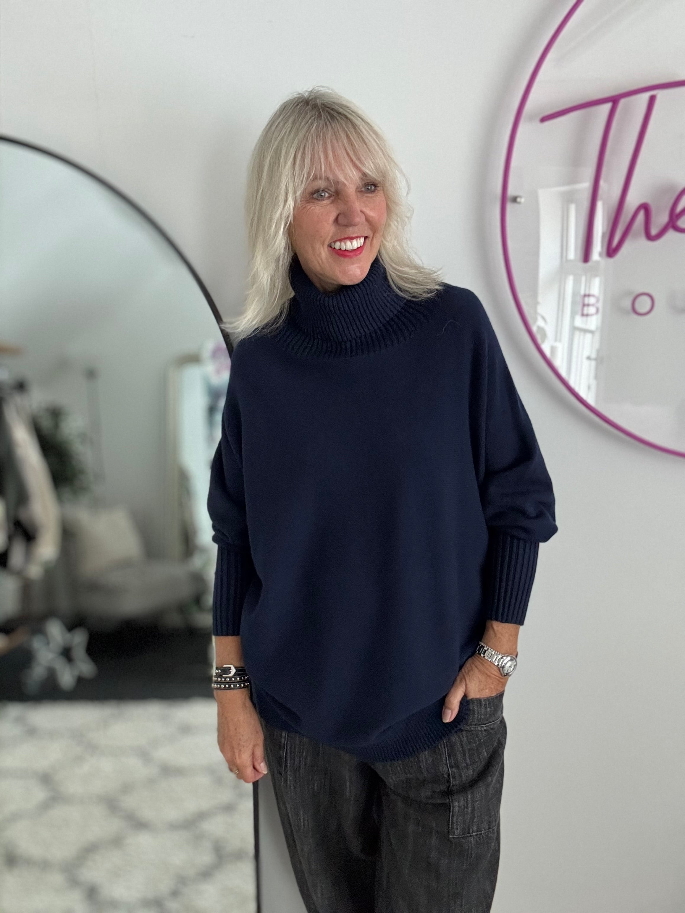 Oversized Roll Neck Poncho Jumper in Ink