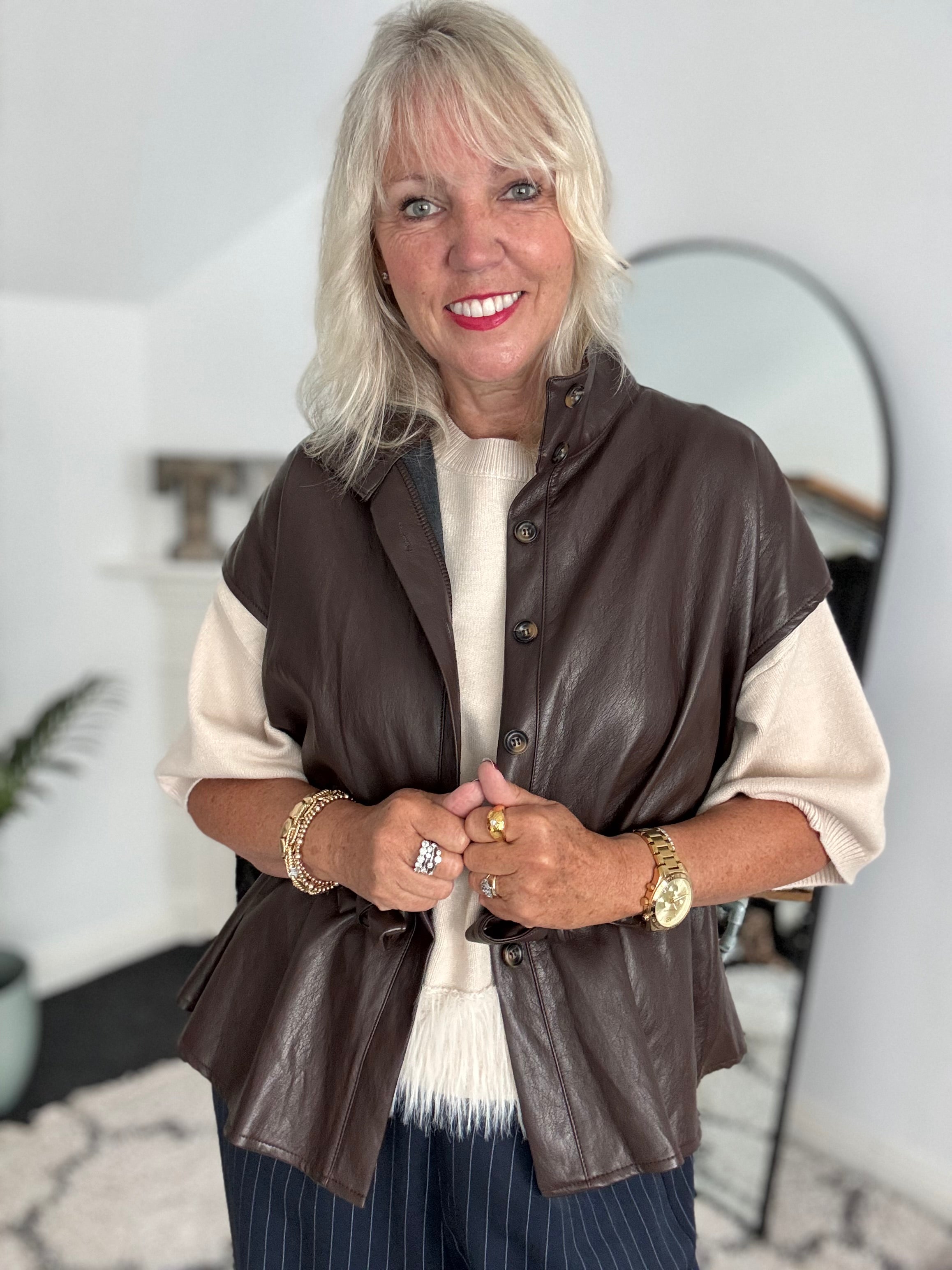 Designer Leather Gilet in Chocolate