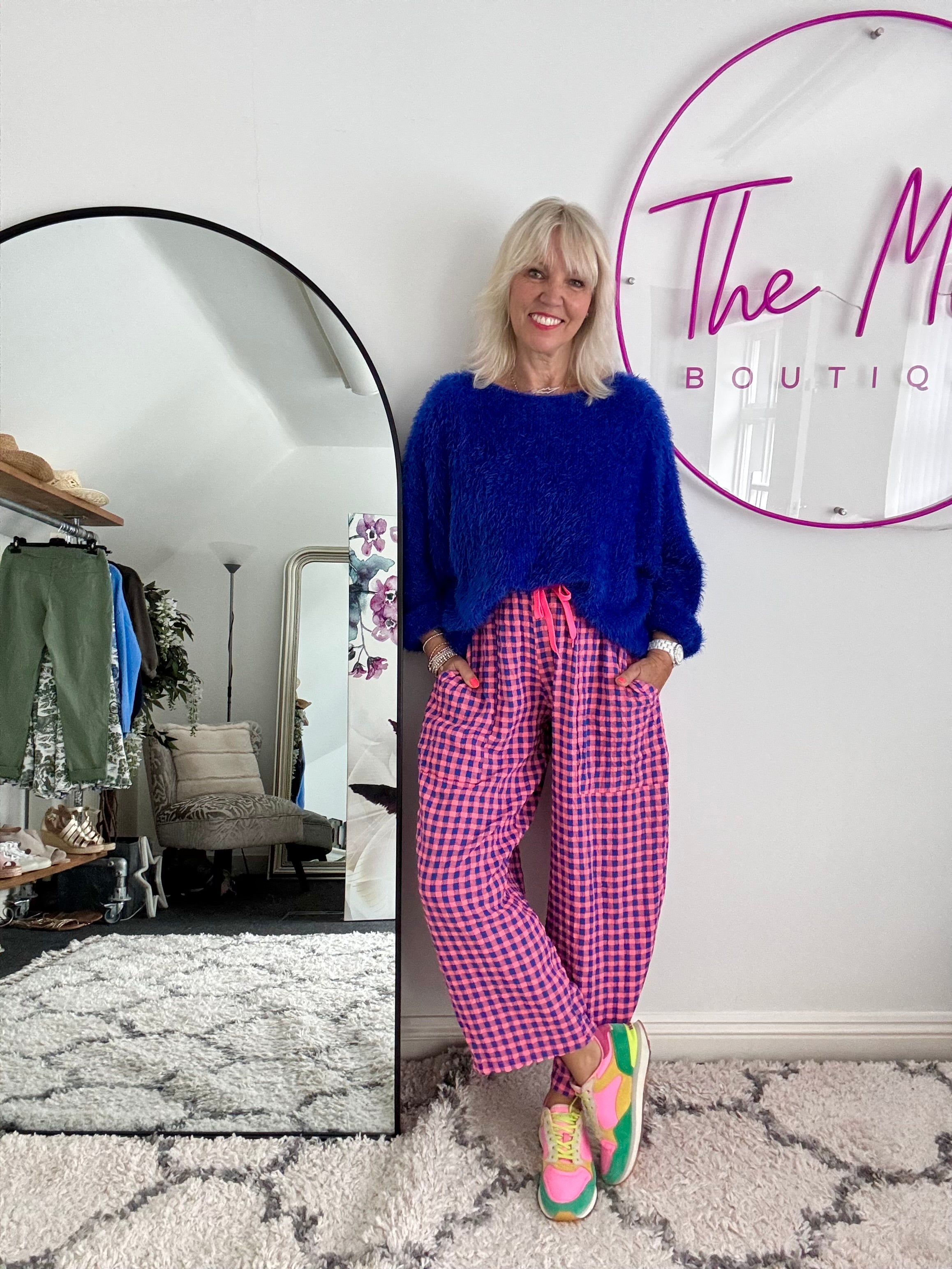 Barrel Check Trousers in Pink & Blue