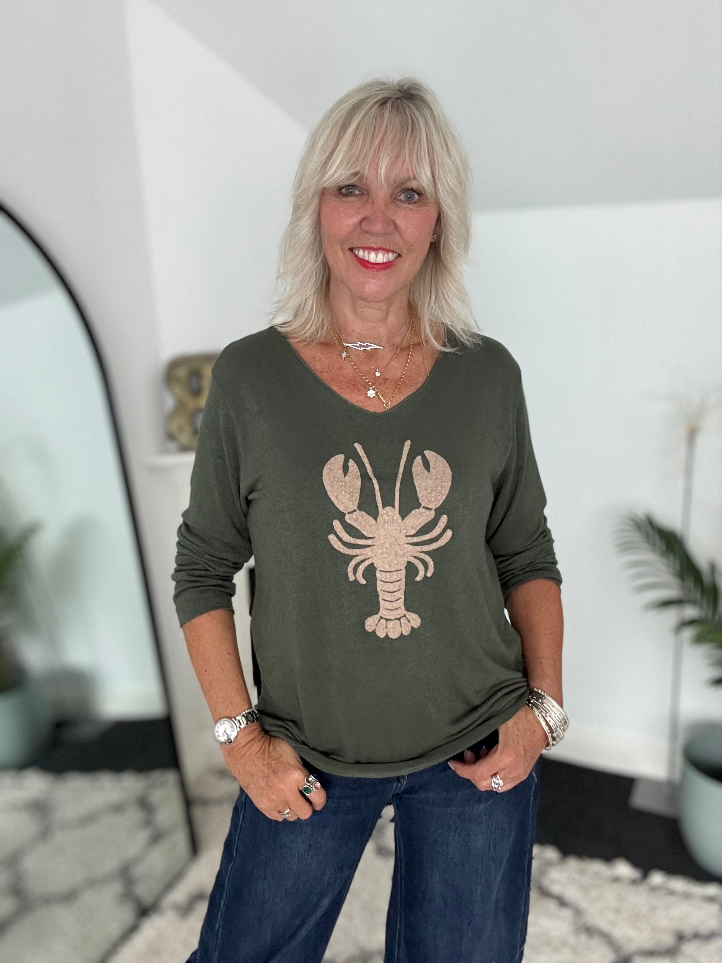 Soft V Neck Lobster Knit in Khaki