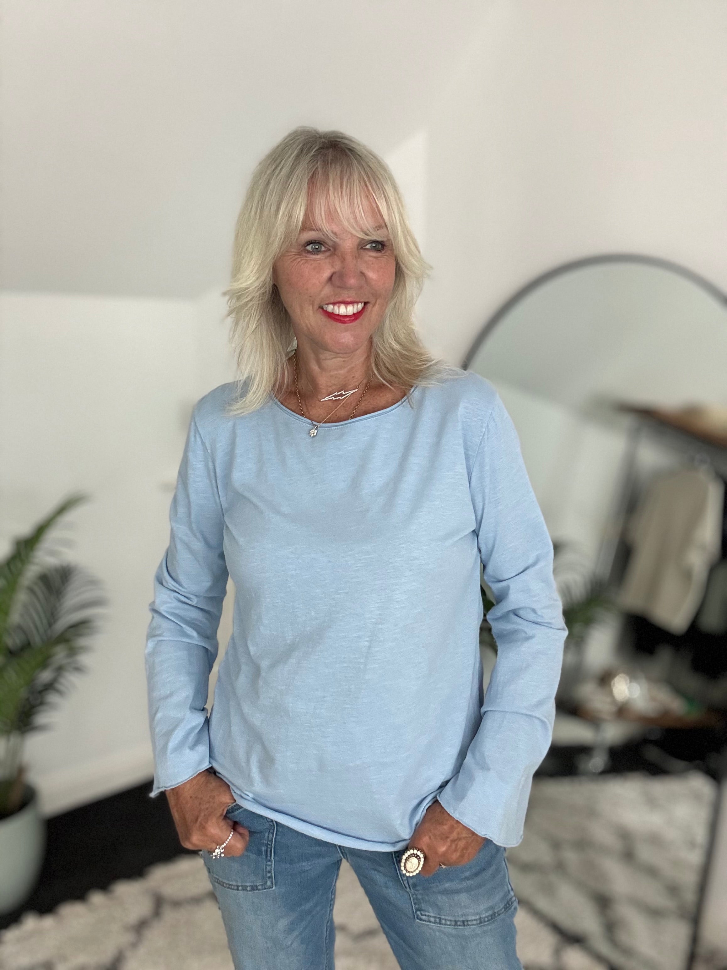 Long Sleeve Top with Flare Sleeves in Light Blue