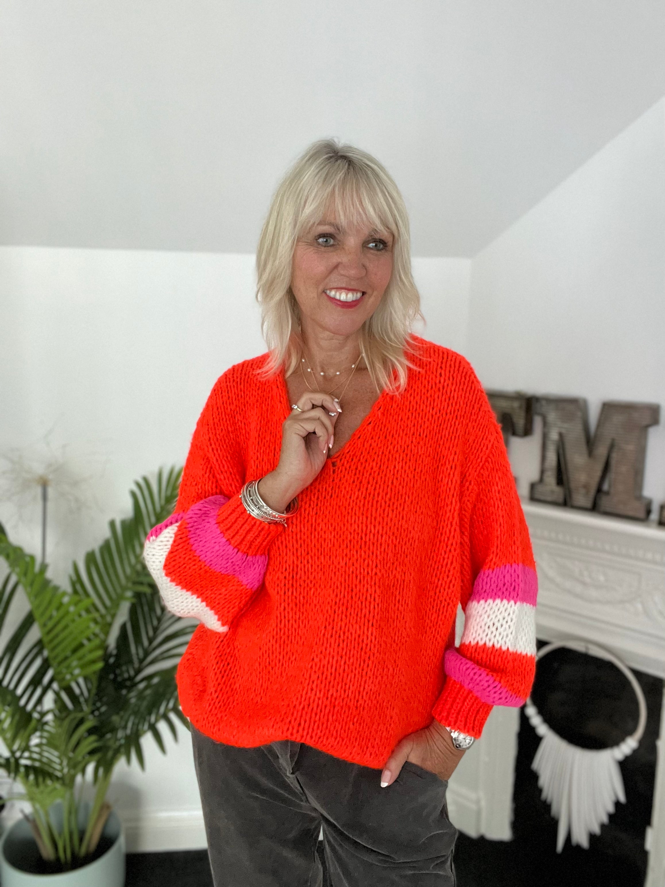 Luxe Jumper with Stripe Sleeves in Bright Orange