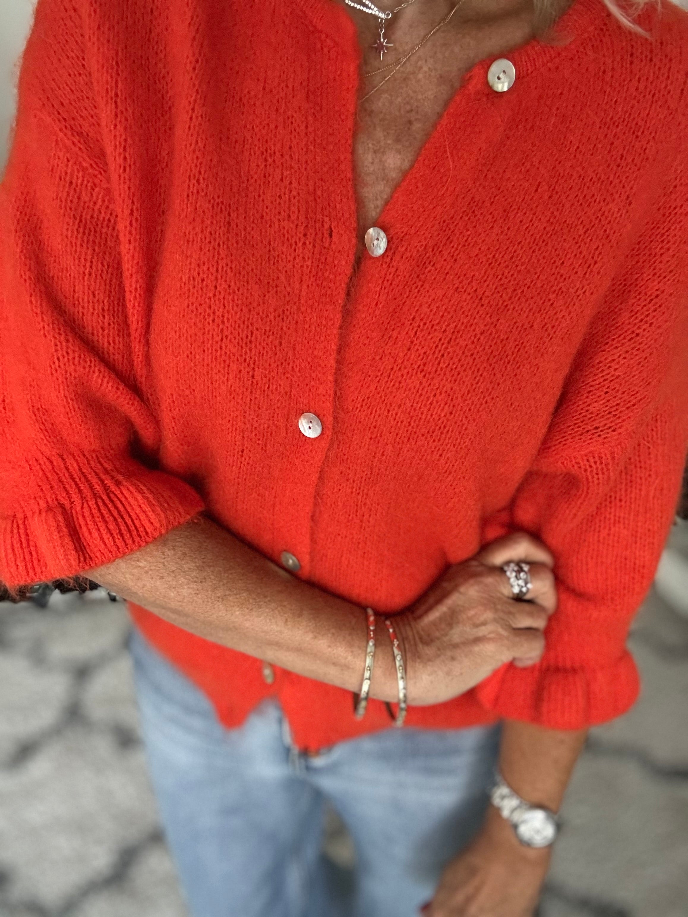 Alpaca Cardi with Frill Cuffs in Orange/Red