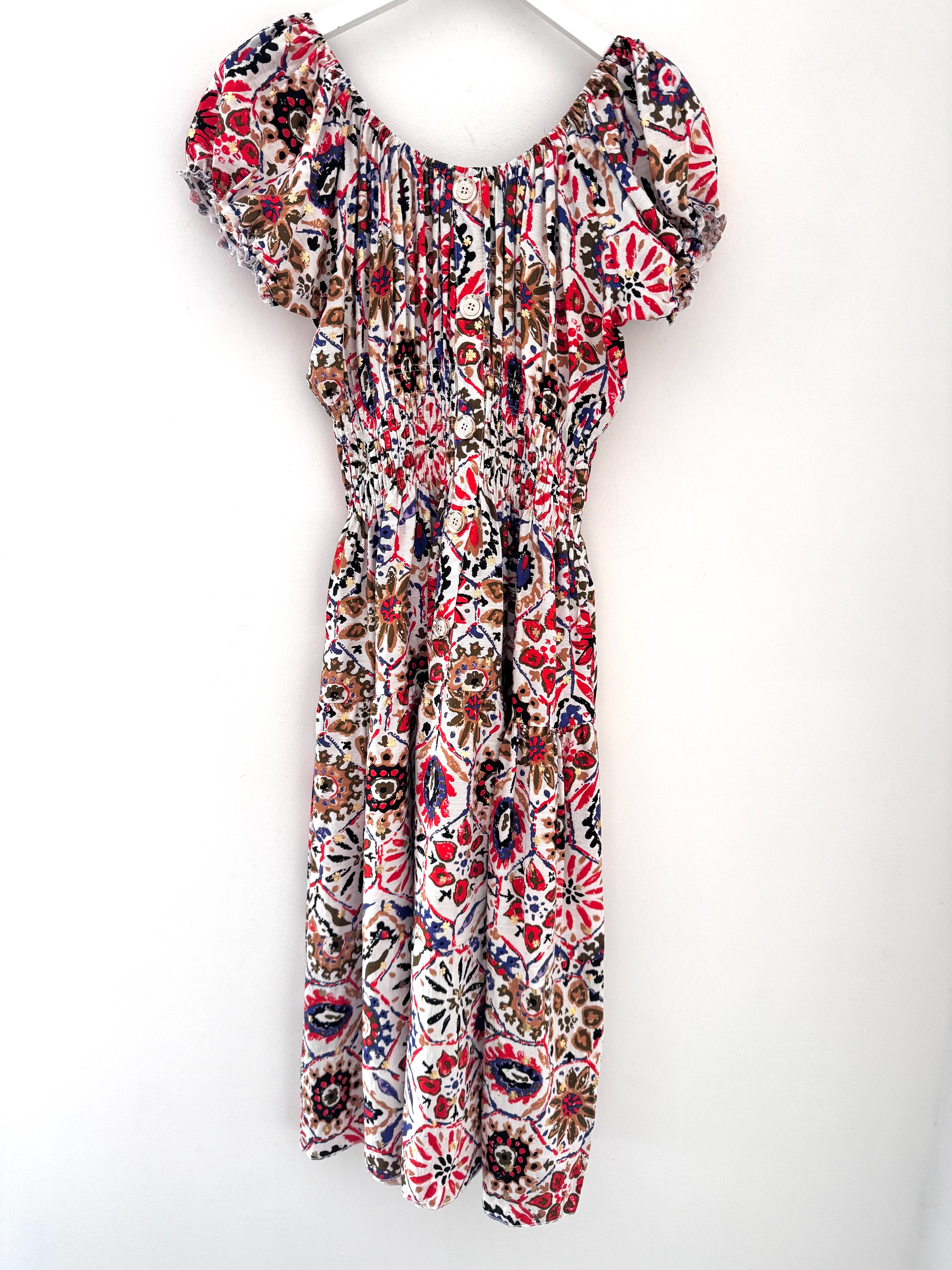 Bardot Dress in Red & Blue Print