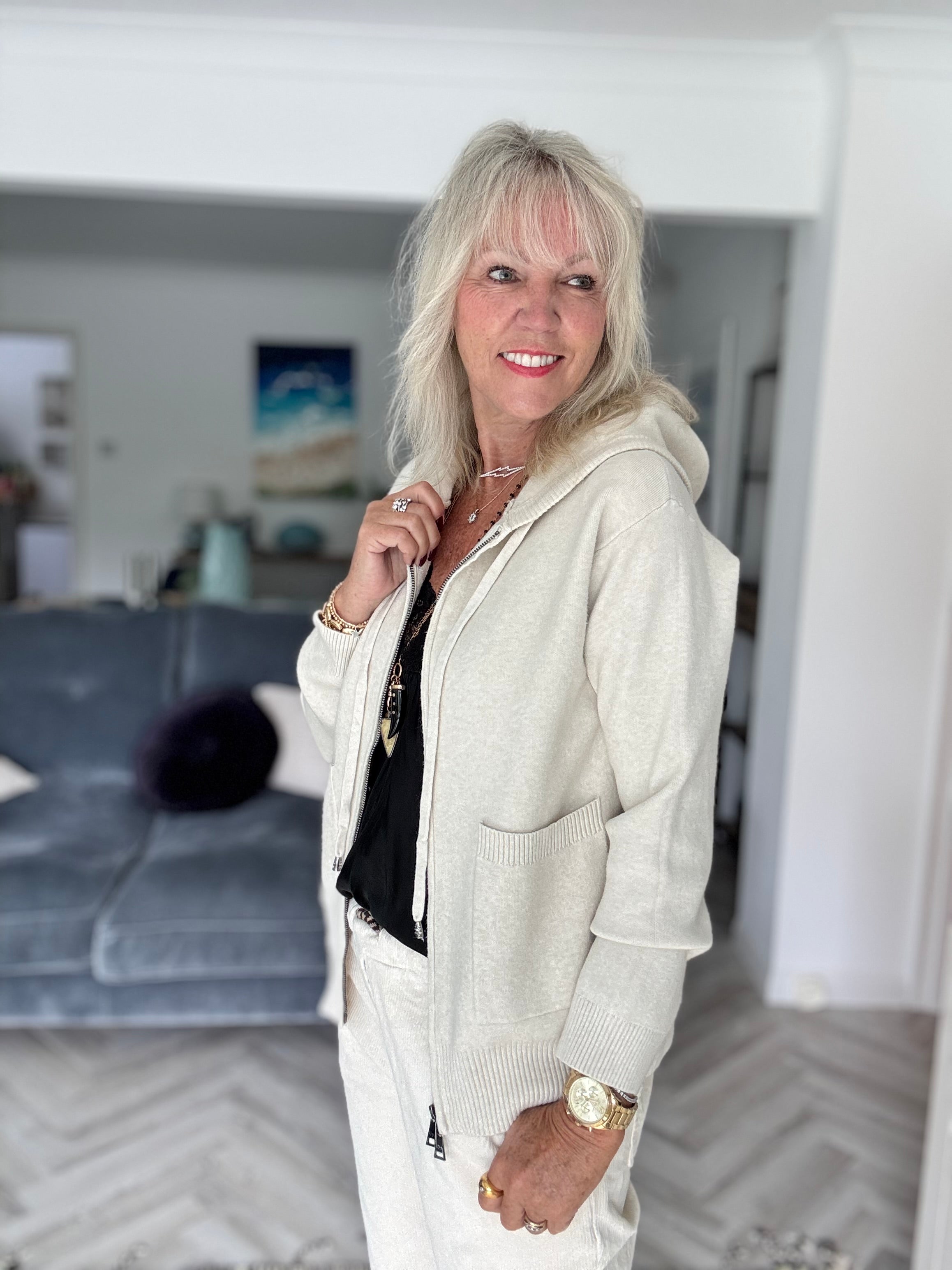 Soft Hooded Zipped Jumper in Ecru