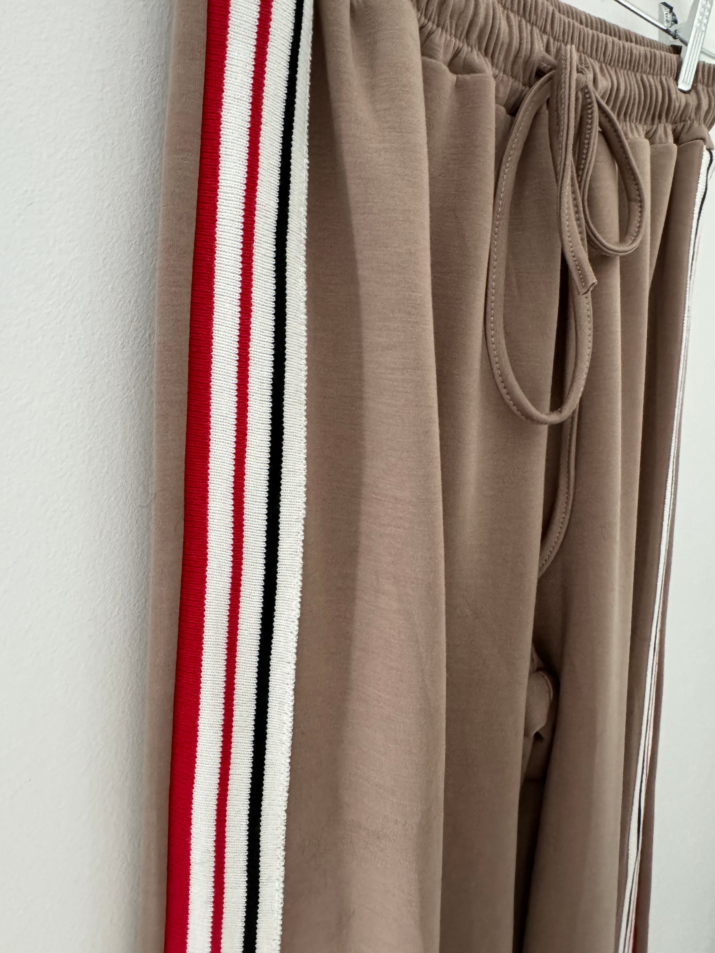 Wide Leg Jersey Trousers with Side Stripes in Mocha