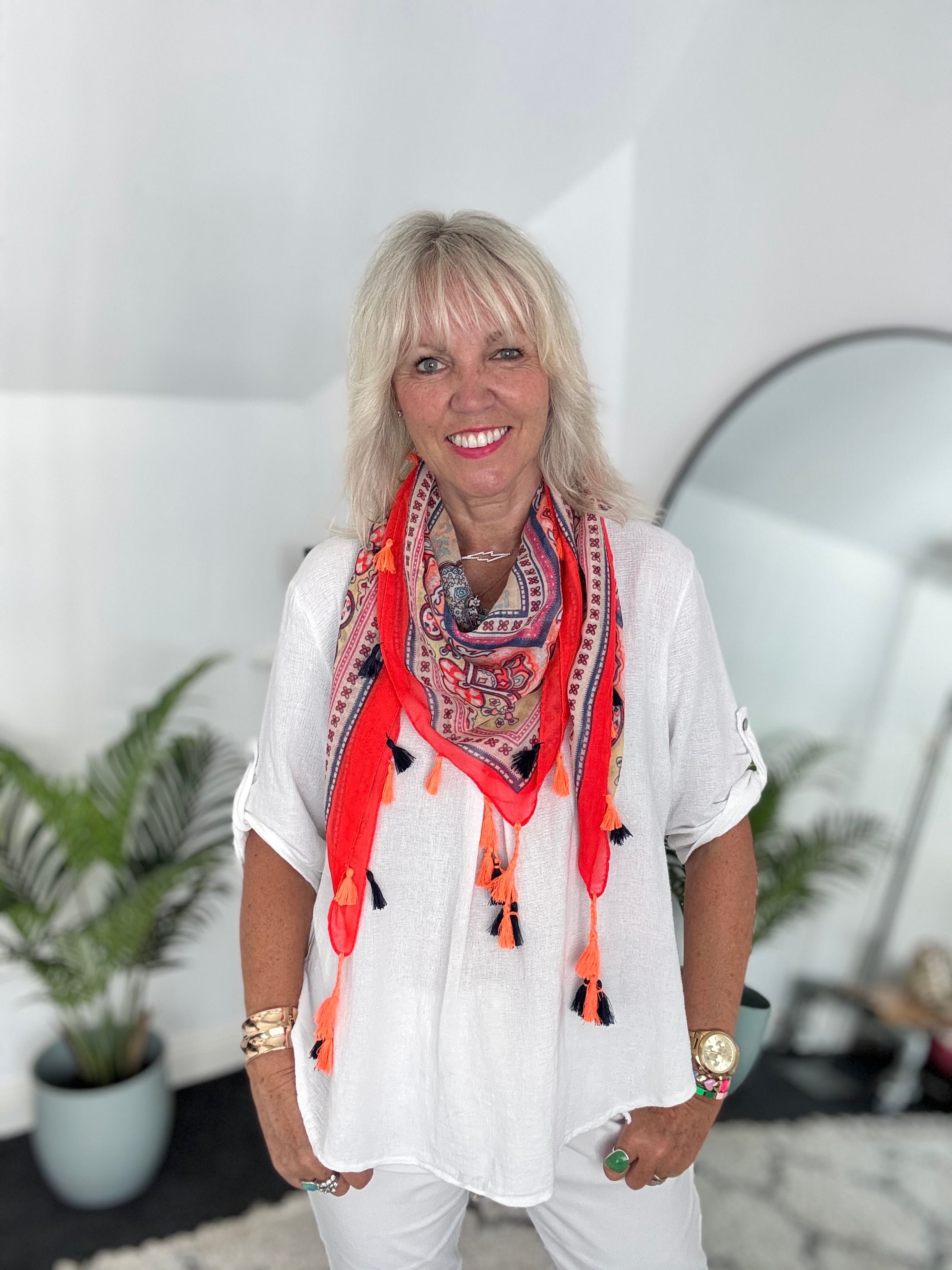Paisley Square Scarf with Tassels in Neon Coral