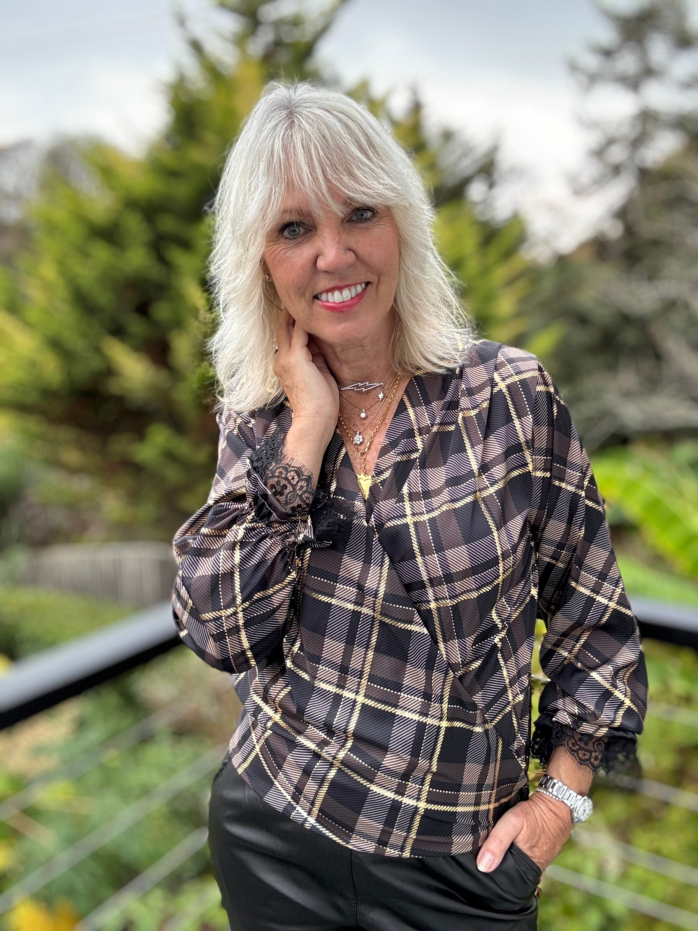 Silky Check Blouse in Chocolate & Black