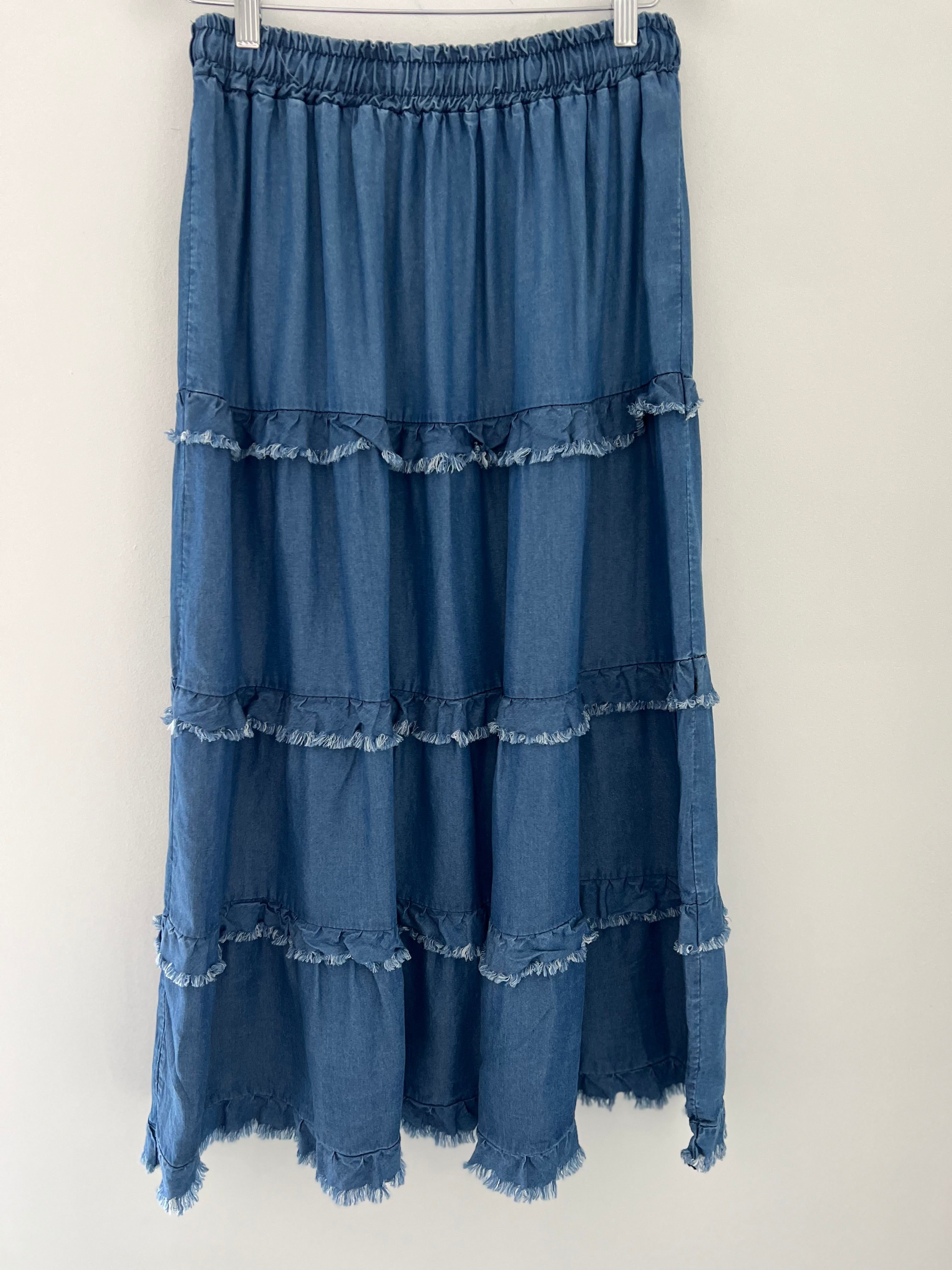 Tiered Midi Skirt in Soft Blue Denim
