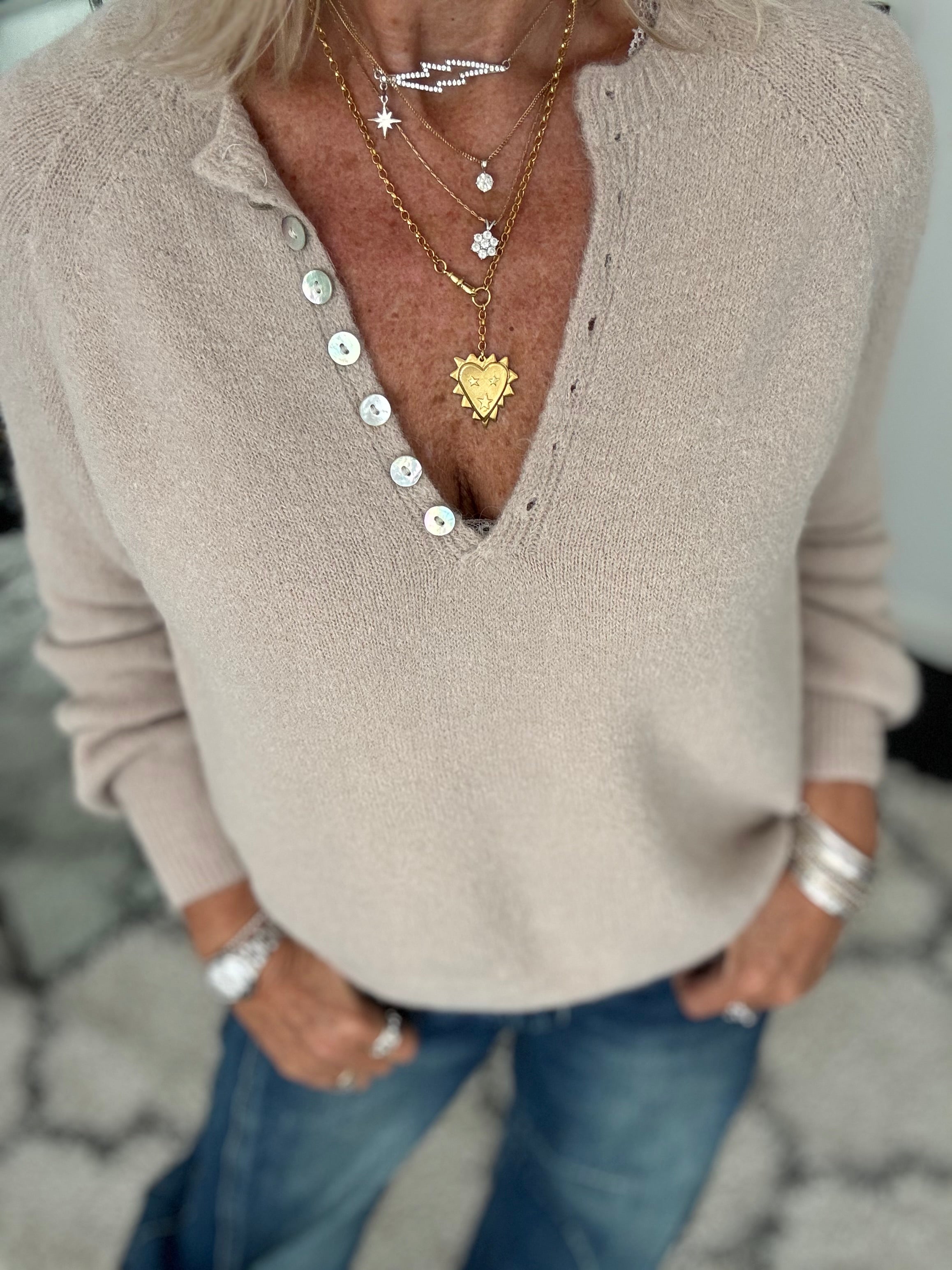 Softie Jumper with Button Neck in Stone
