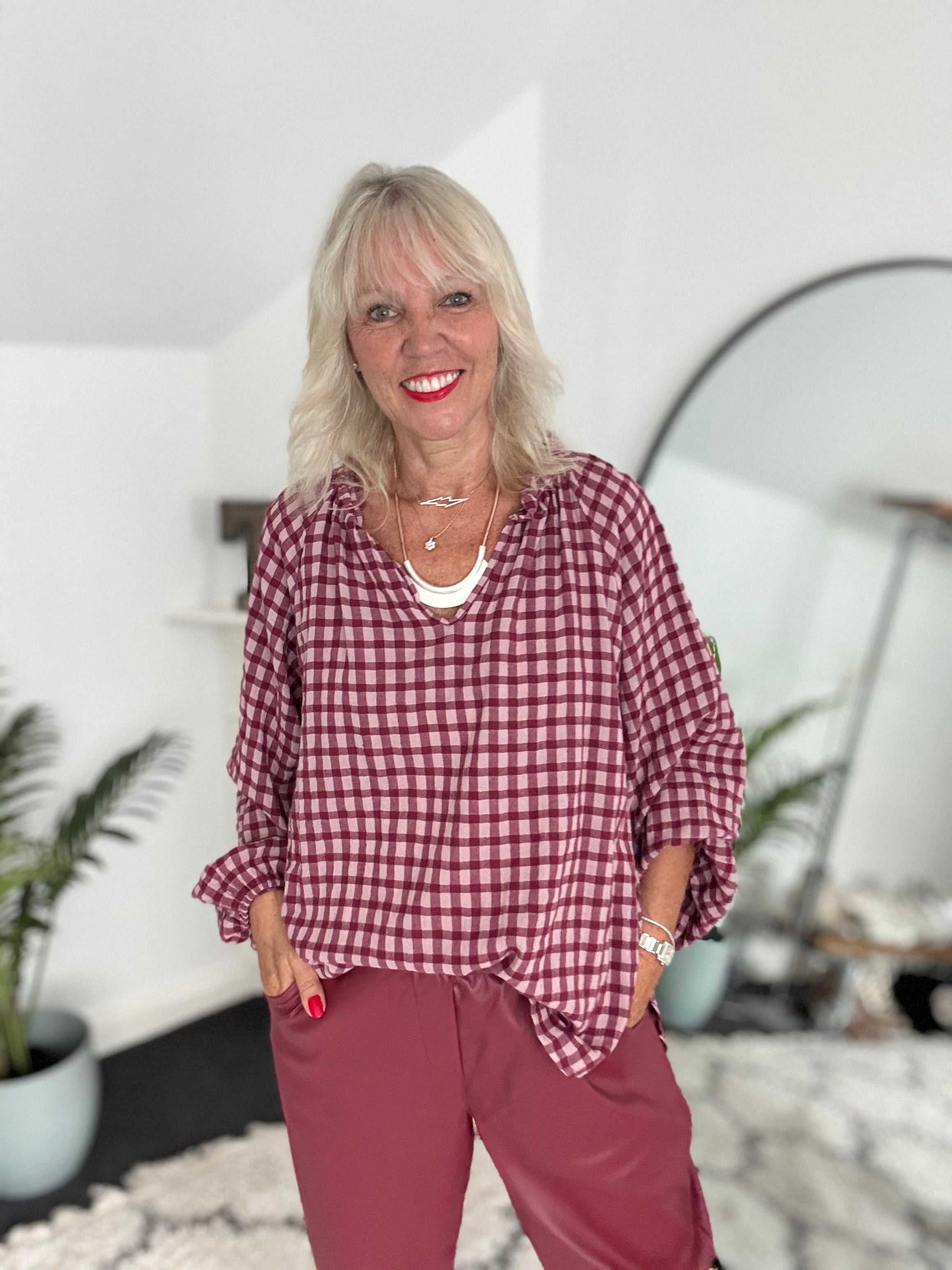 Oversized V Neck Check Top in Berry
