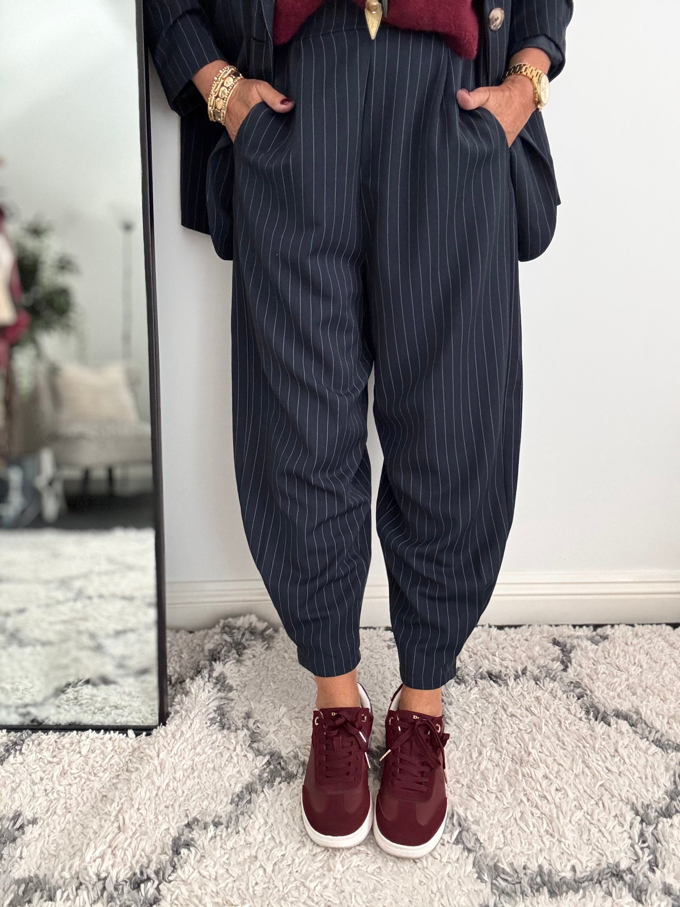 Pinstripe Barrel Leg Trousers in Navy