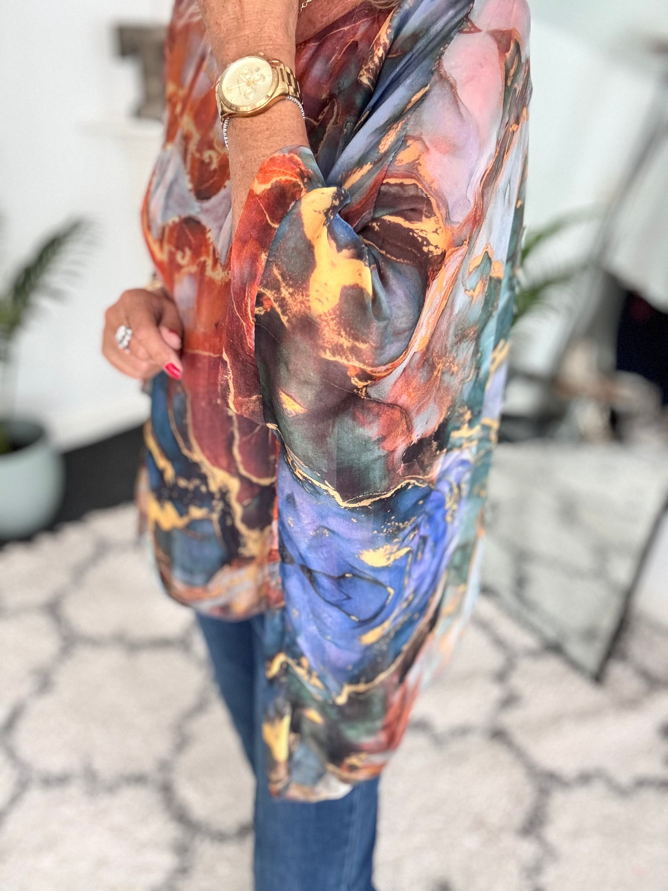 Silk Blouse in Dark Blue & Rust Marble