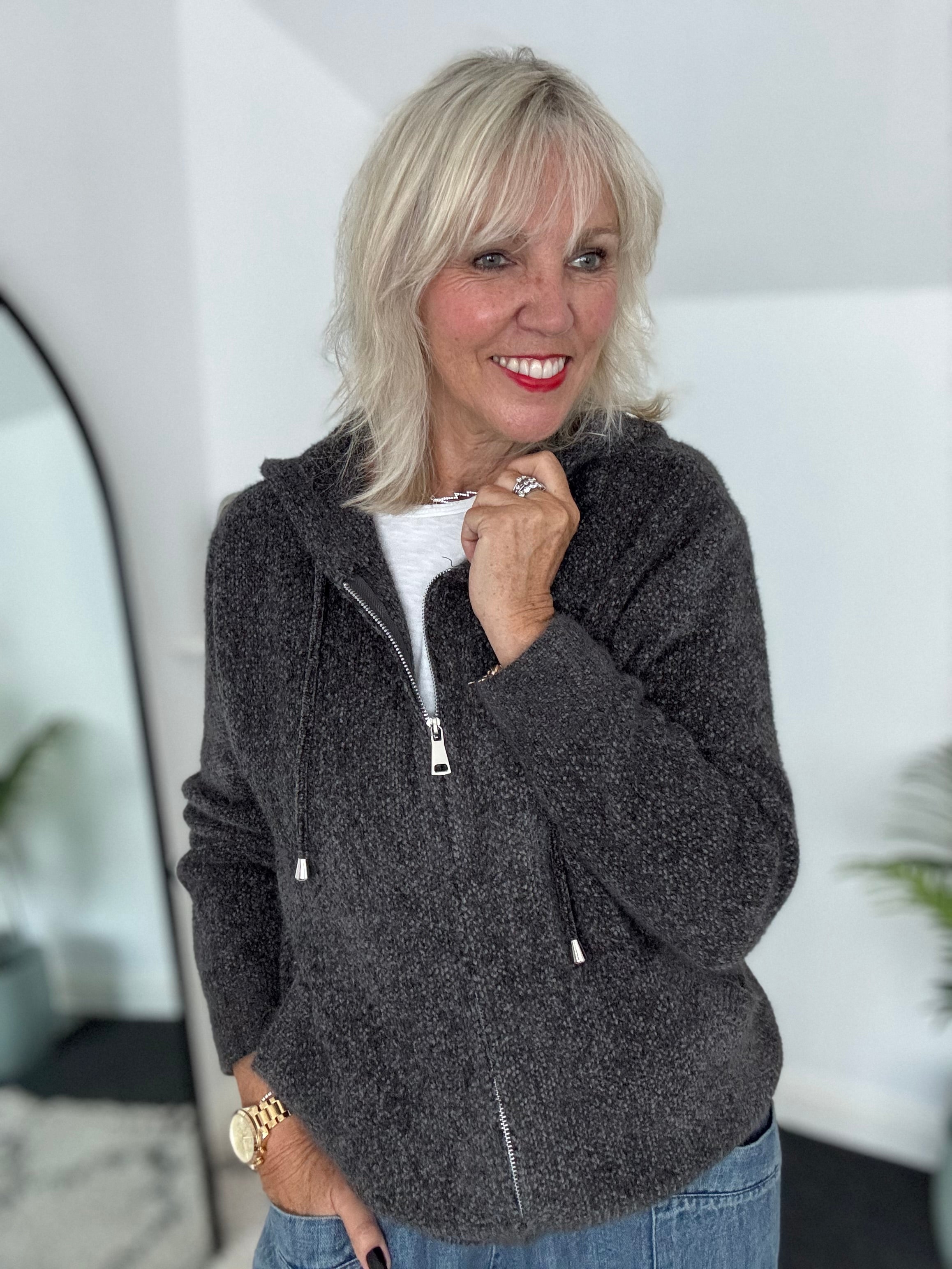 Soft Hooded Knit with Pockets in Anthracite