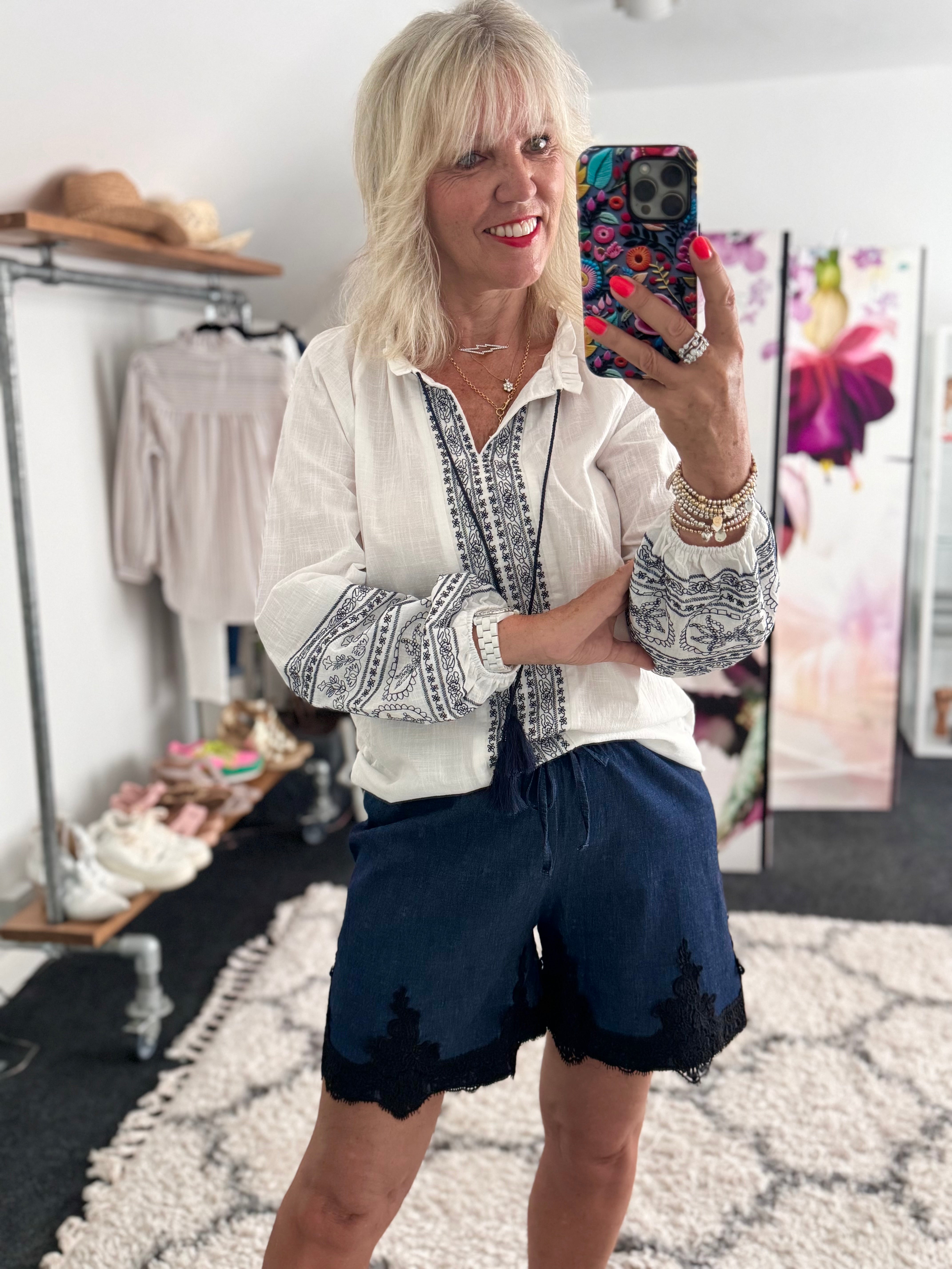 Embroidered Cotton Blouse in White & Navy