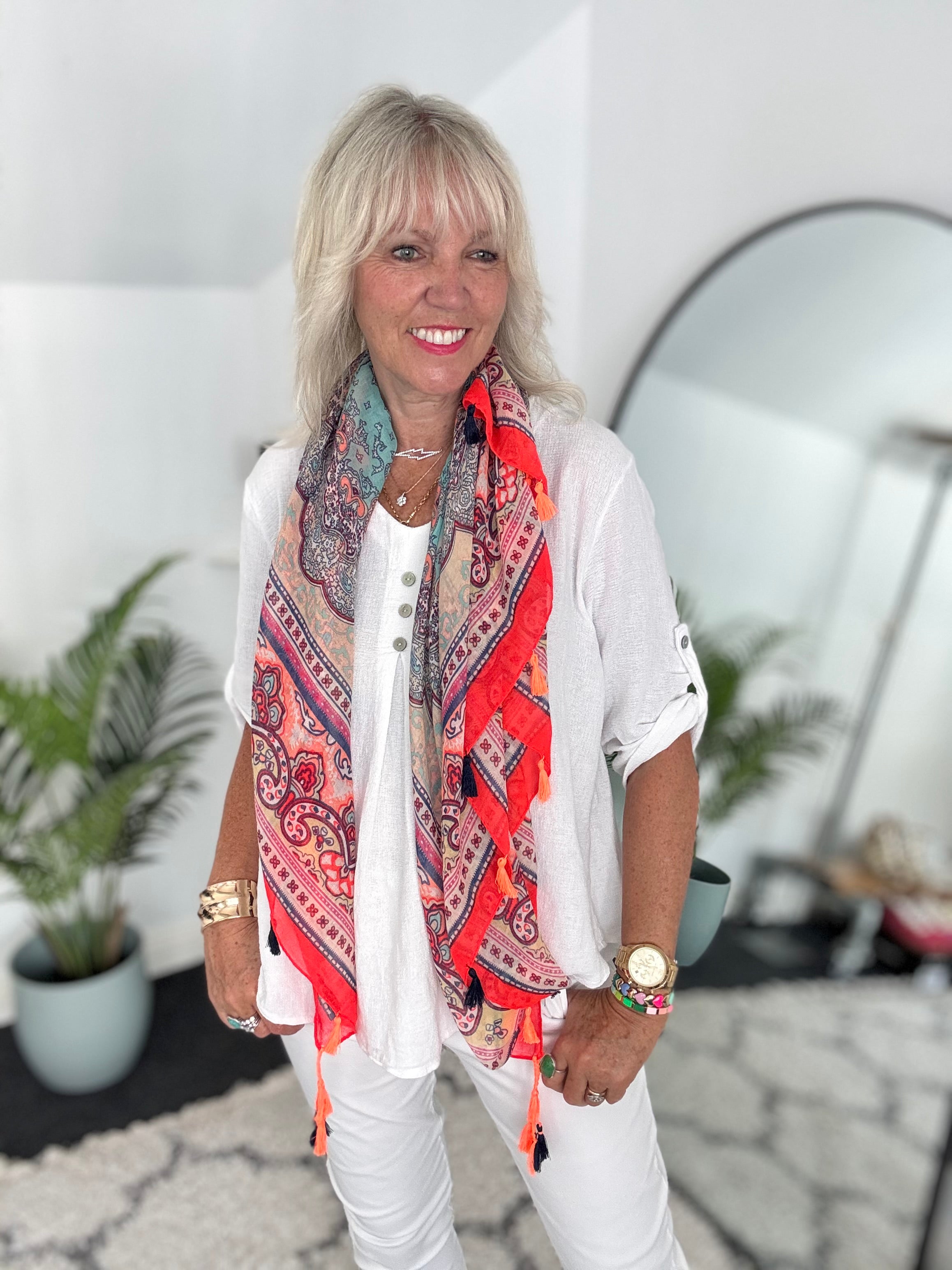 Paisley Square Scarf with Tassels in Neon Coral