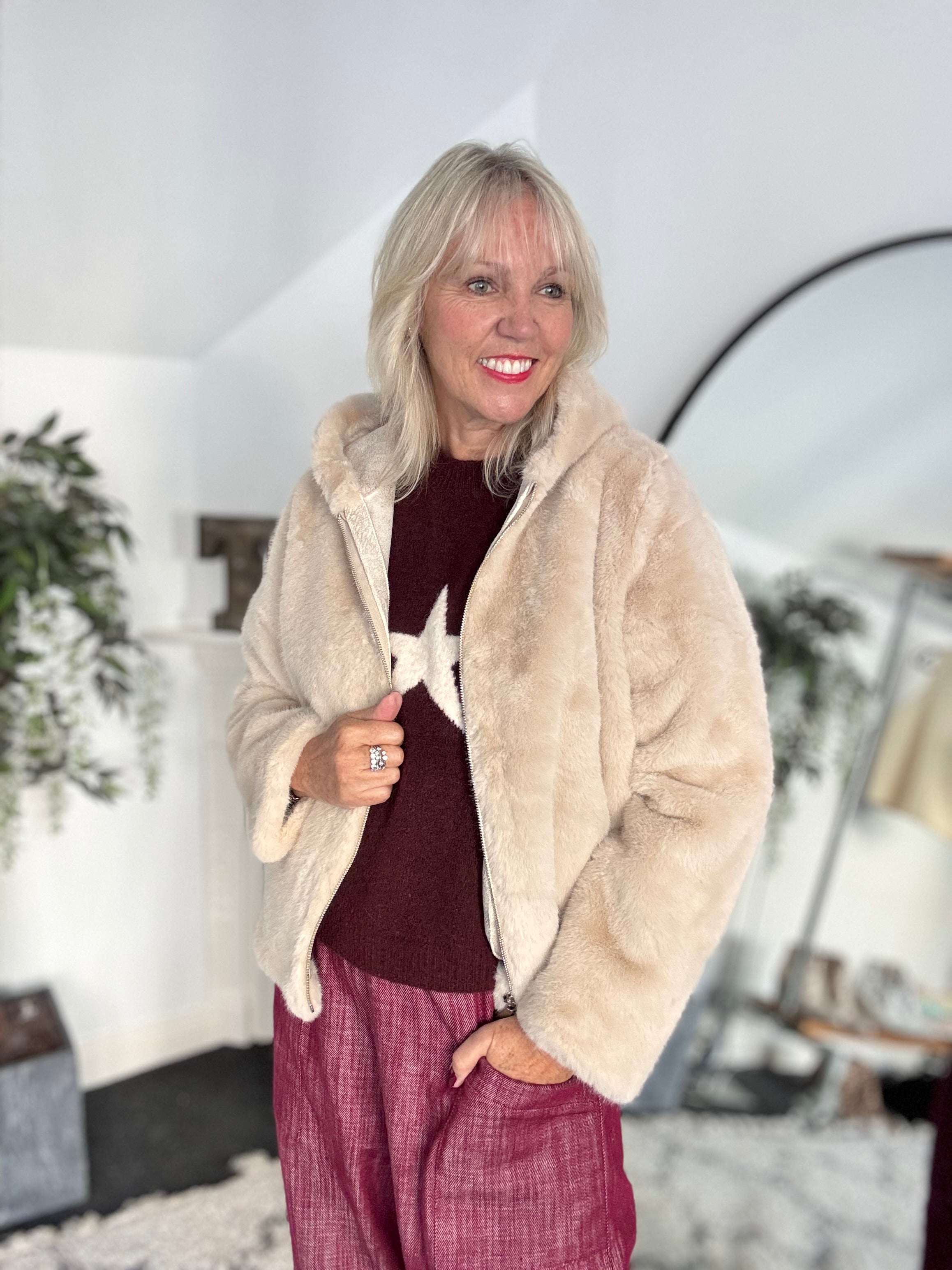 Hooded Fur Jacket in Ecru