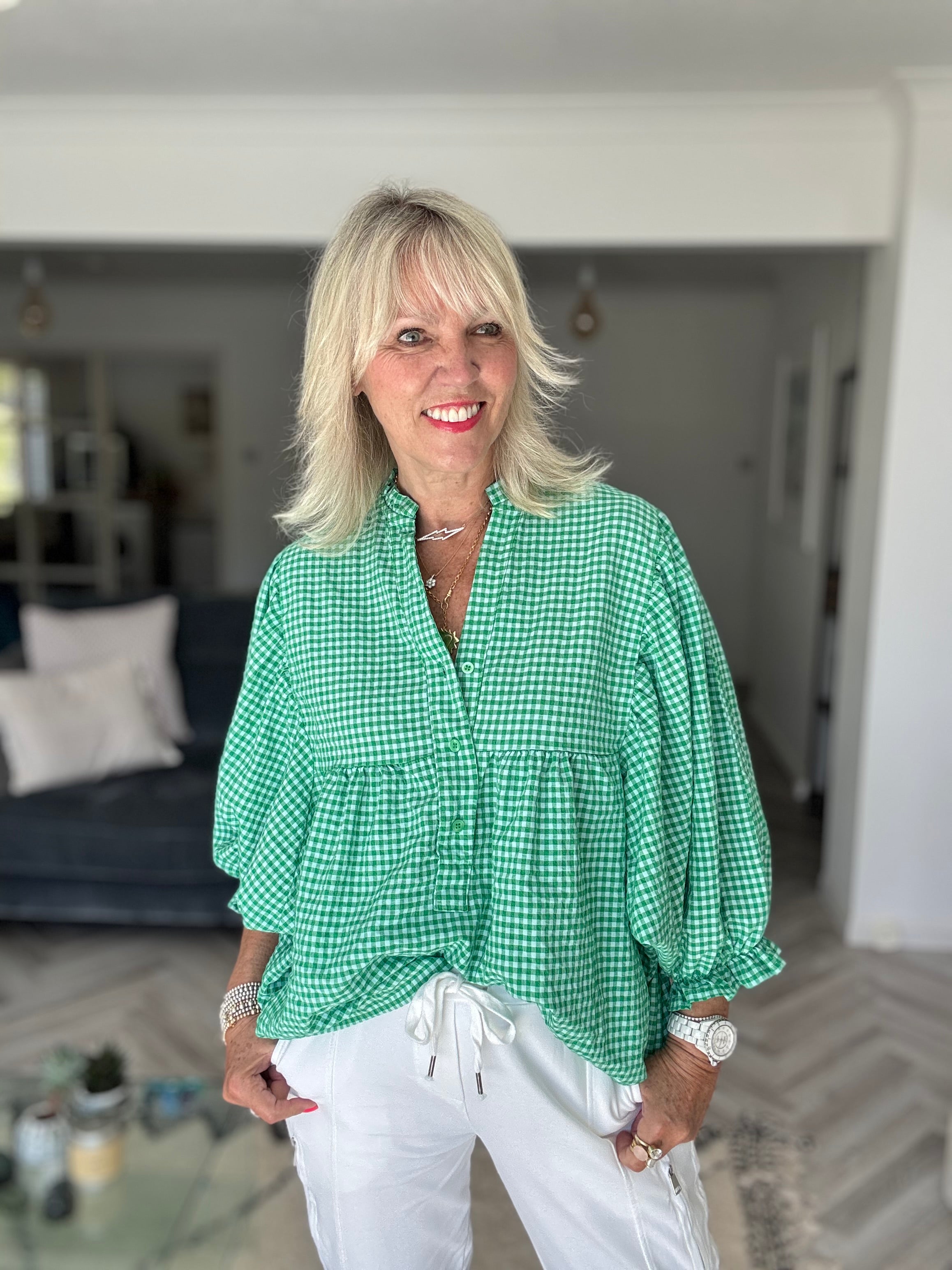 Gingham Seersucker Blouse in Green