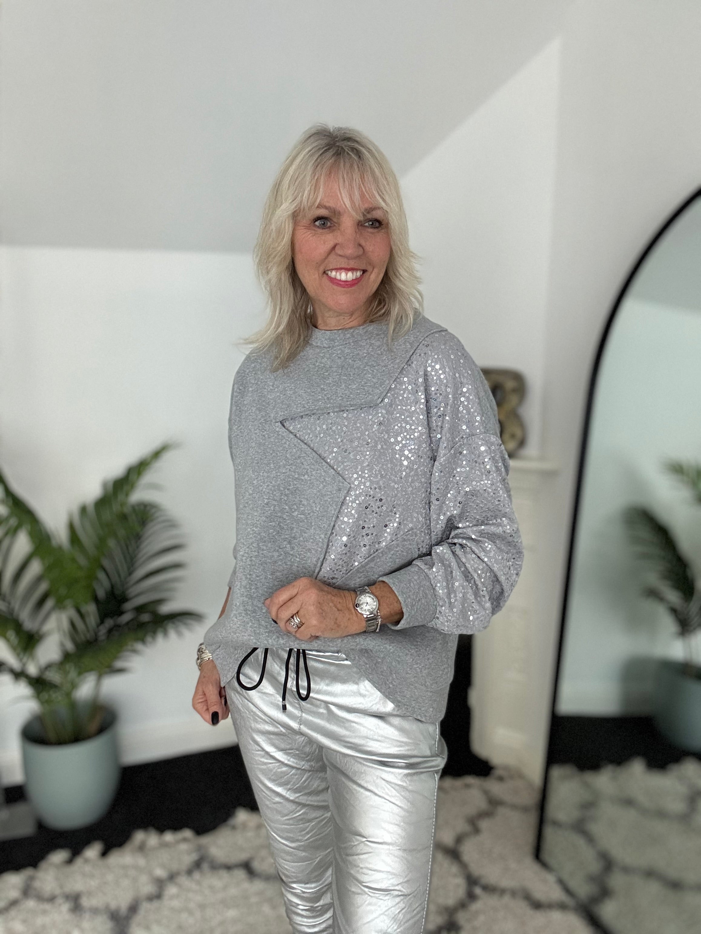 Sequin Star Sweatshirt in Grey & Silver