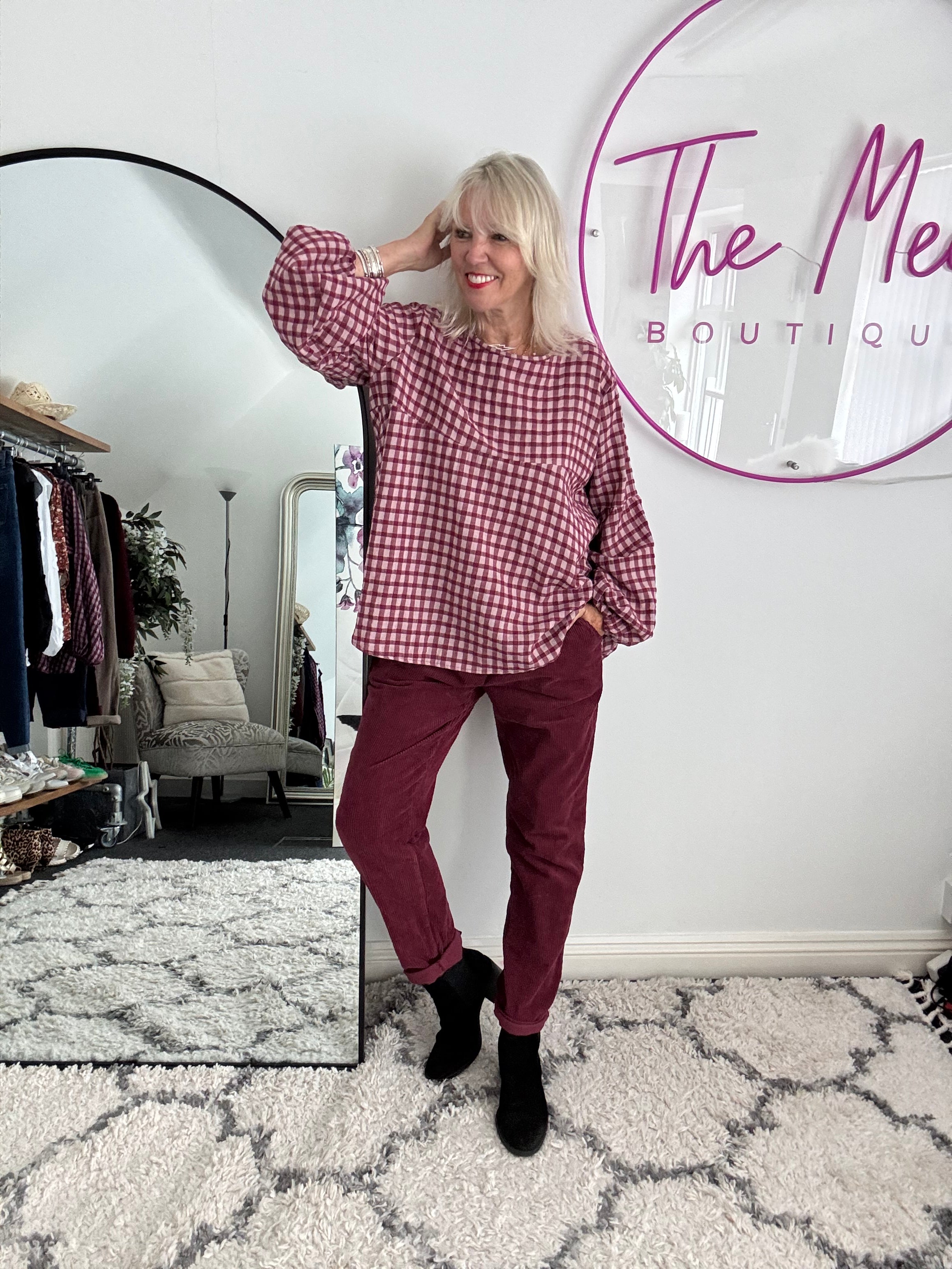 Oversized Check Top in Berry