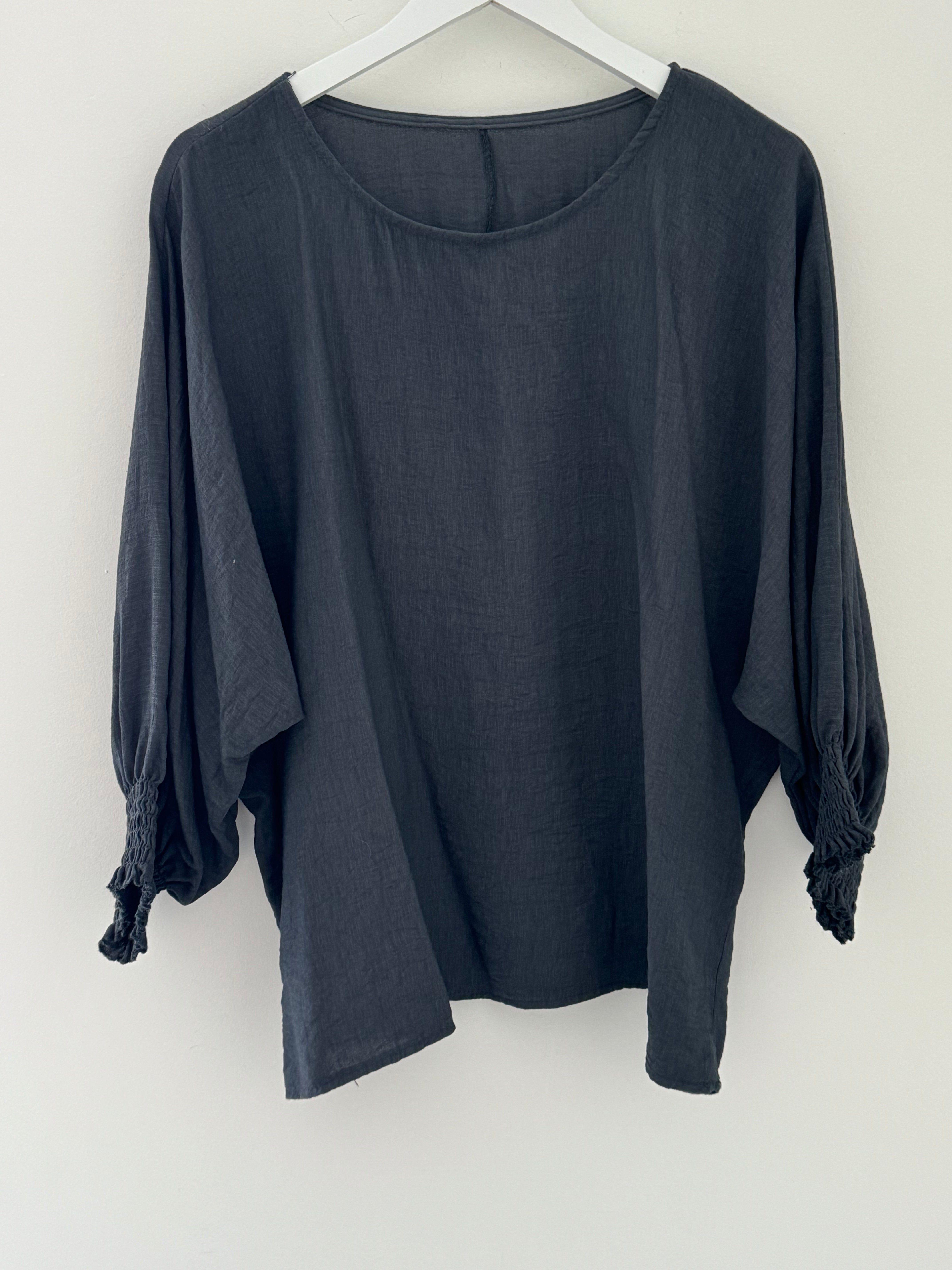 Crepe Top with Shirred Cuffs in Anthracite