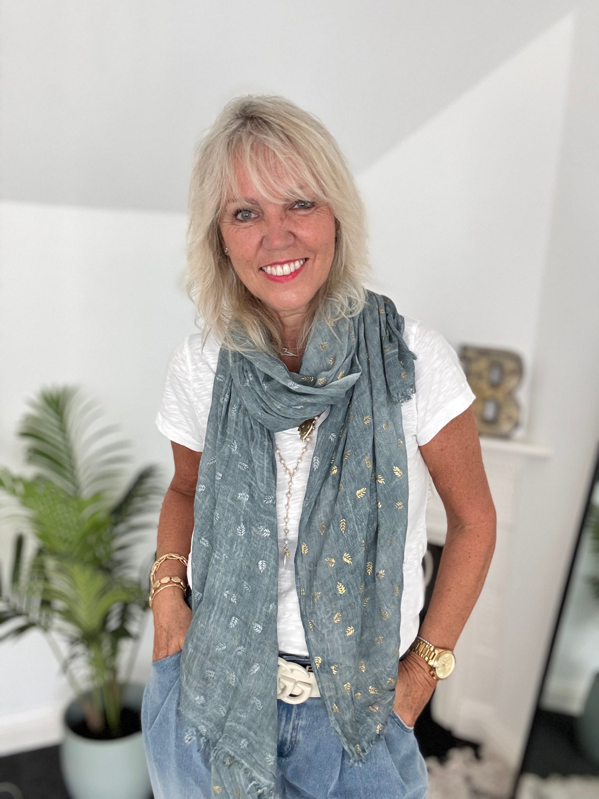 Gold Leaf Print Scarf in Sea Green
