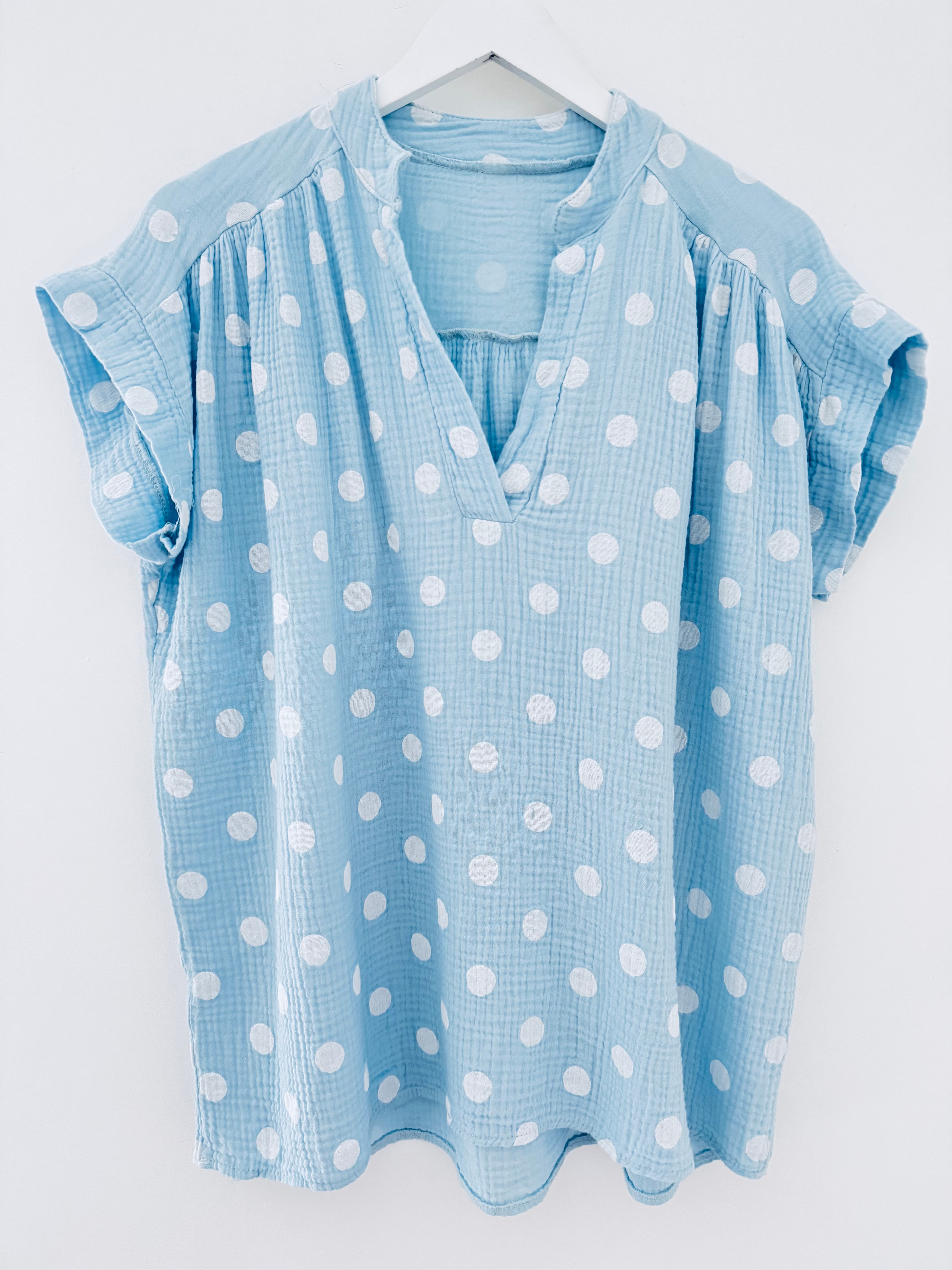 Cheesecloth Spot Top in Blue & White