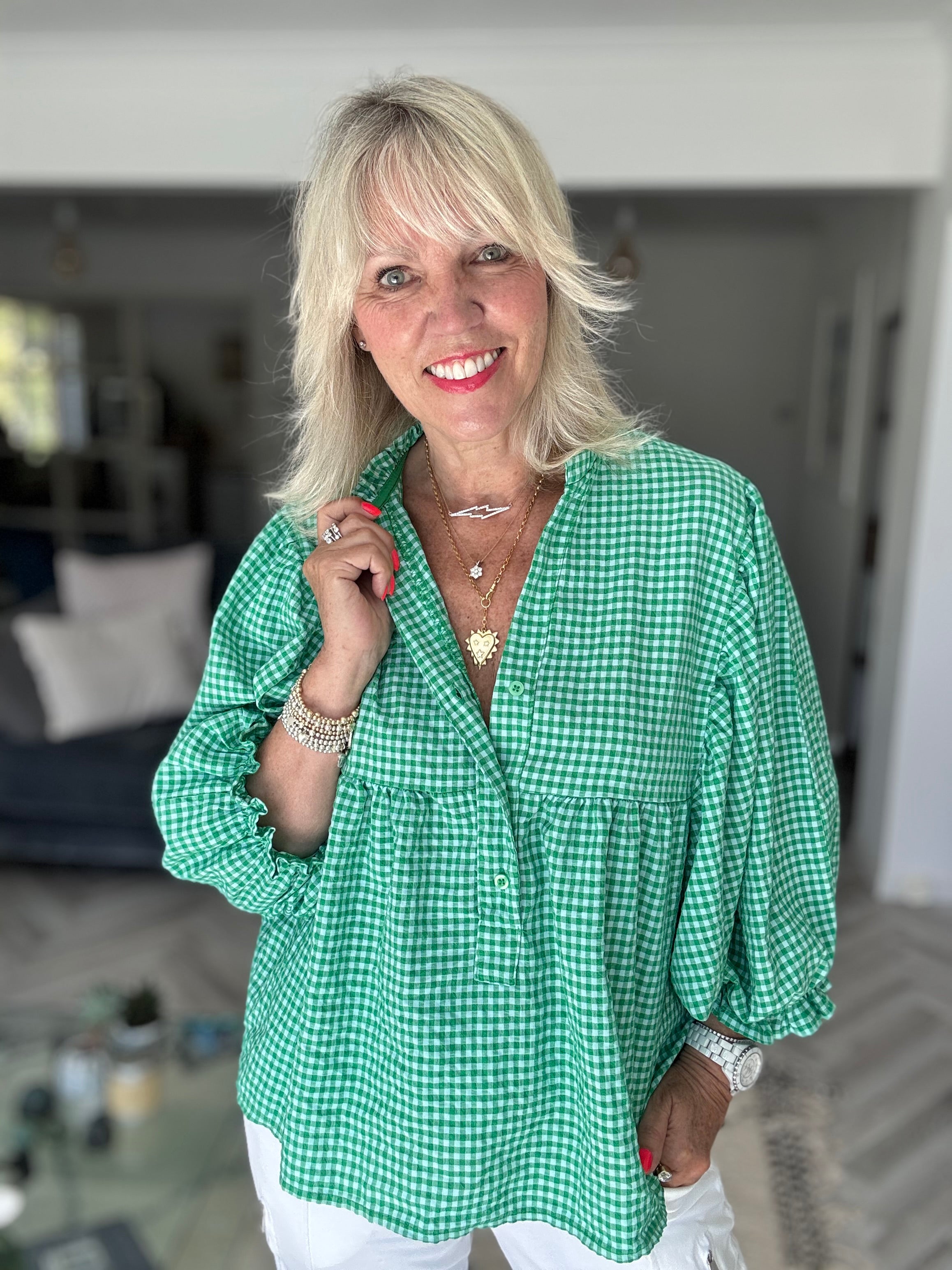Gingham Seersucker Blouse in Green