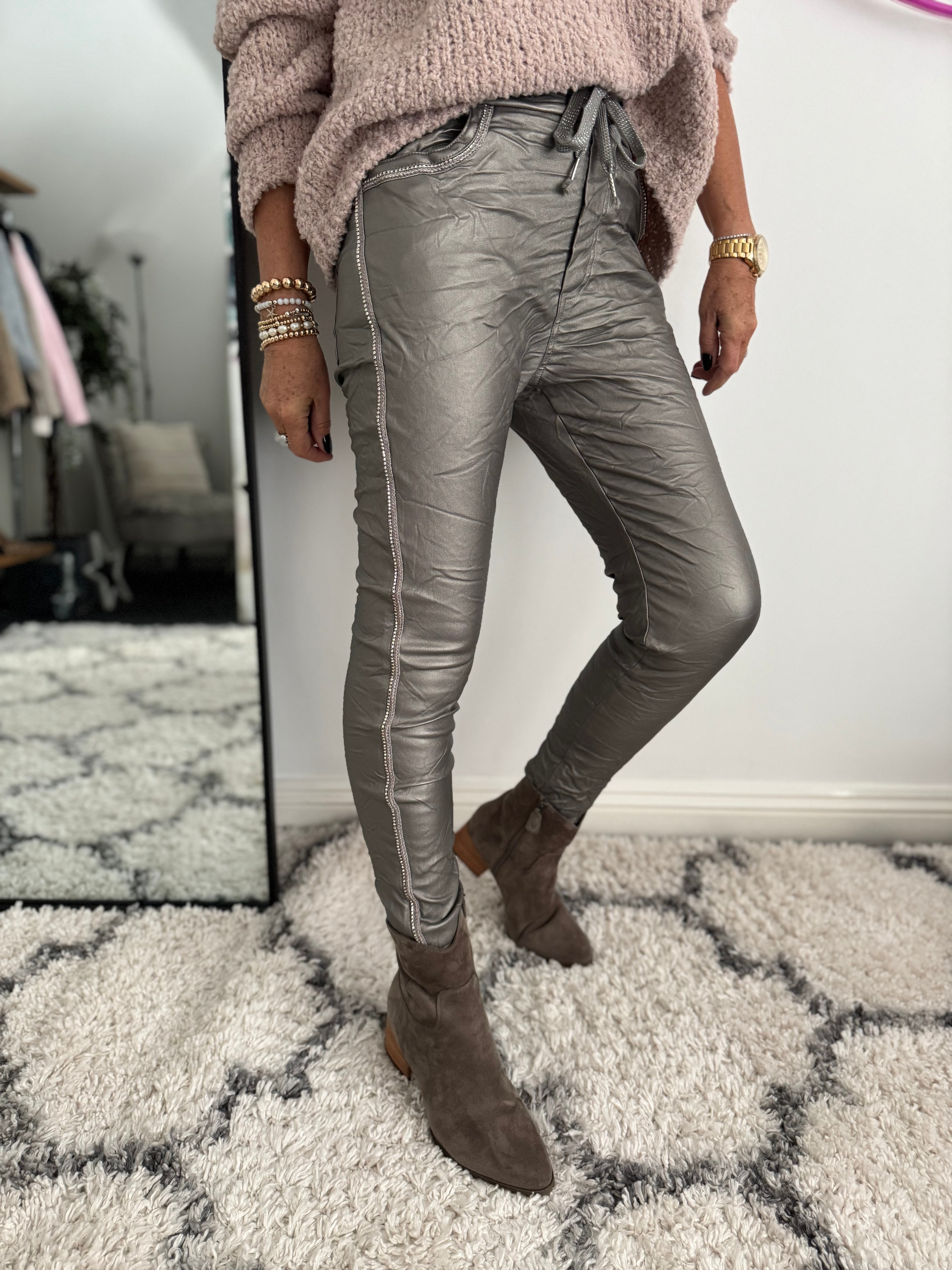 Waxed Diamonte Joggers in Pewter
