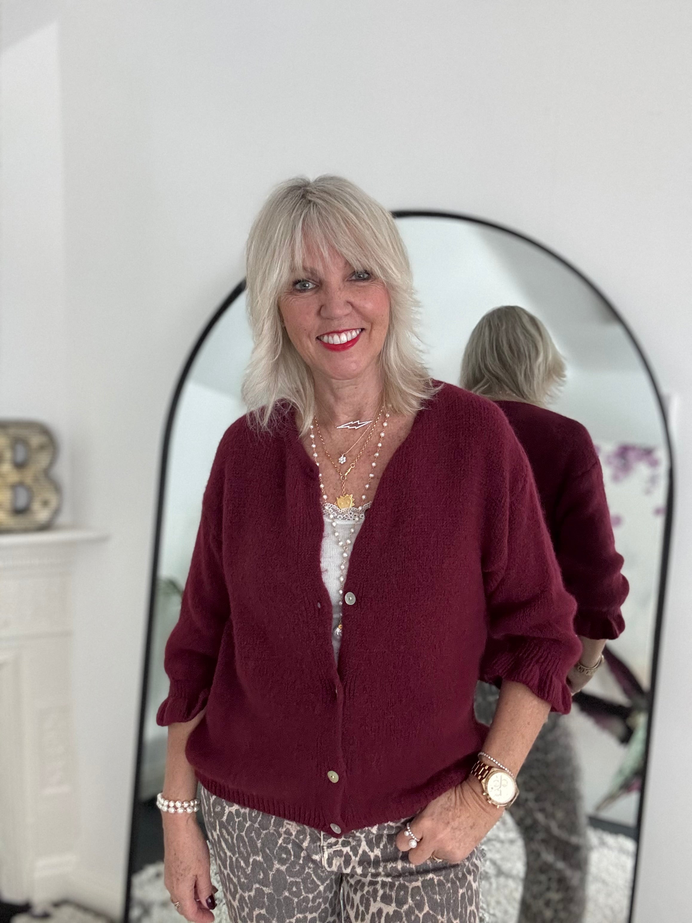 Alpaca Cardi with Frill Cuffs in Wine