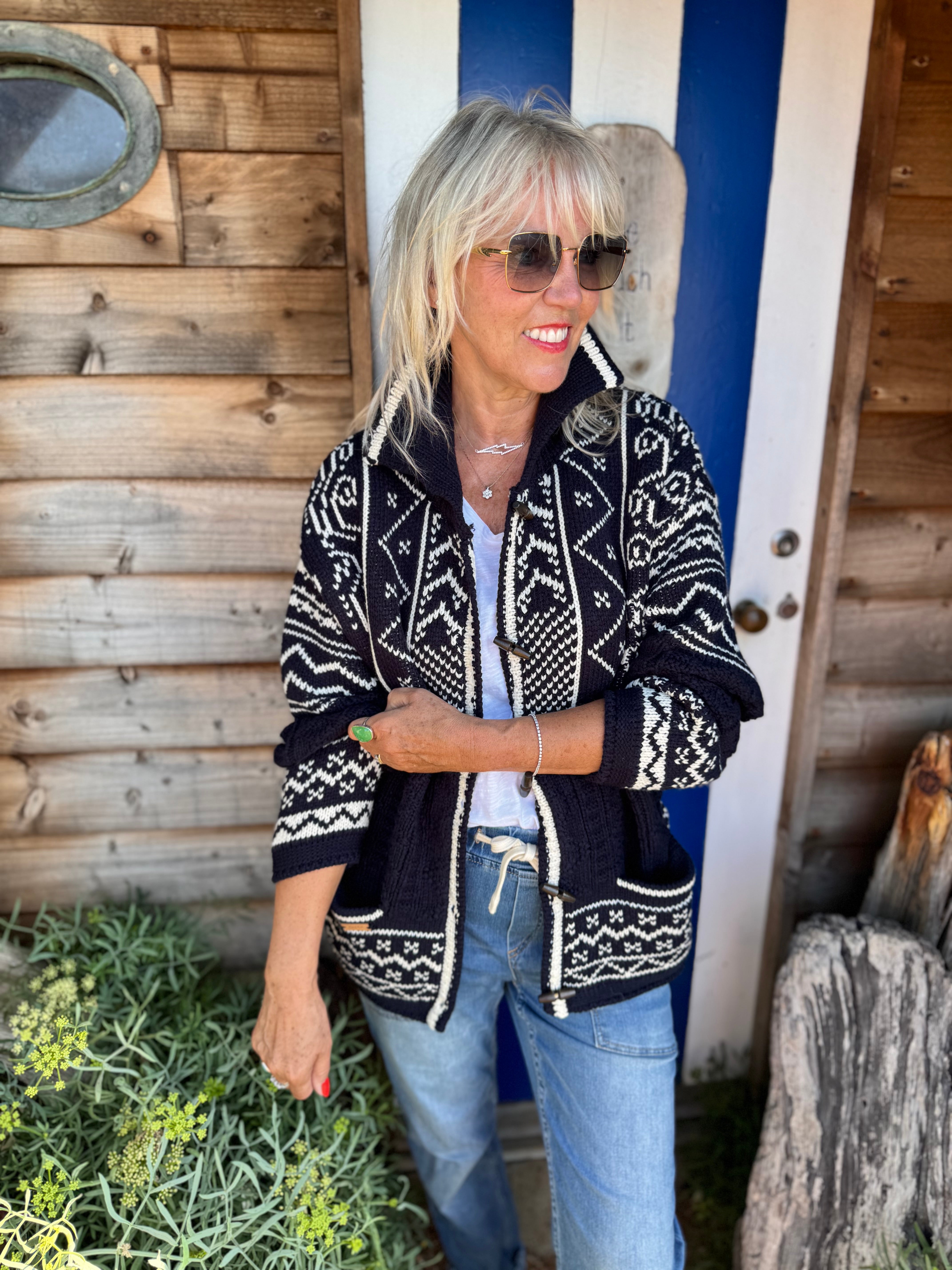 Luxe Nordic Cardigan with Toggles in Navy & White