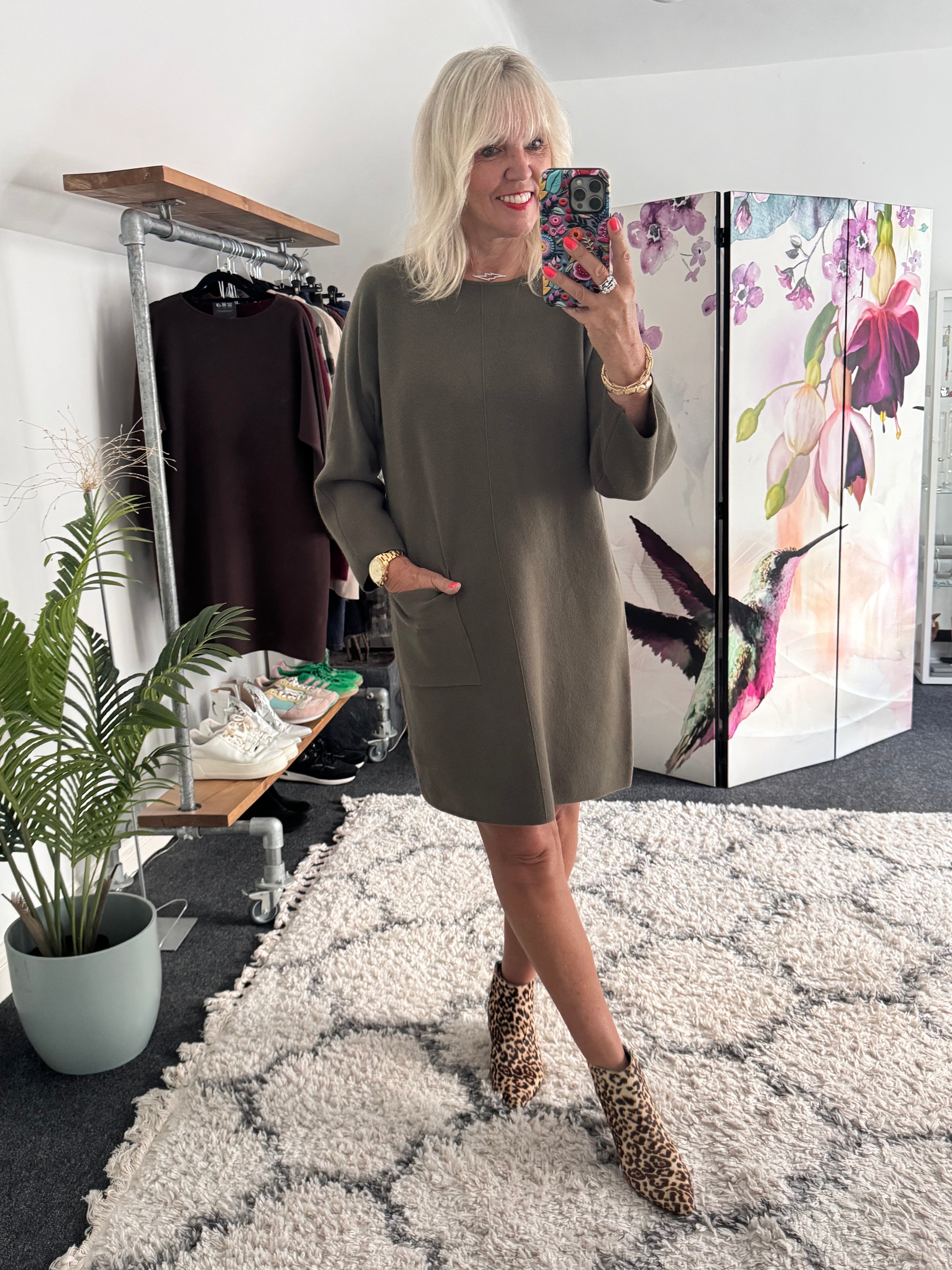 Luxe Knitted Pocket Dress in Dark Khaki