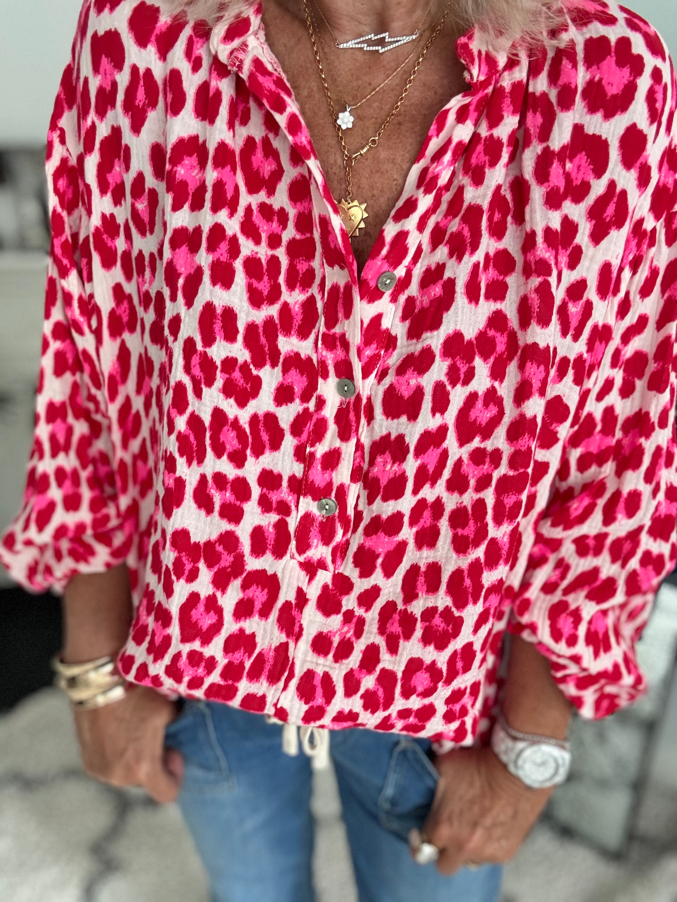 Oversized Cheesecloth Shirt in Red & Pink Leopard