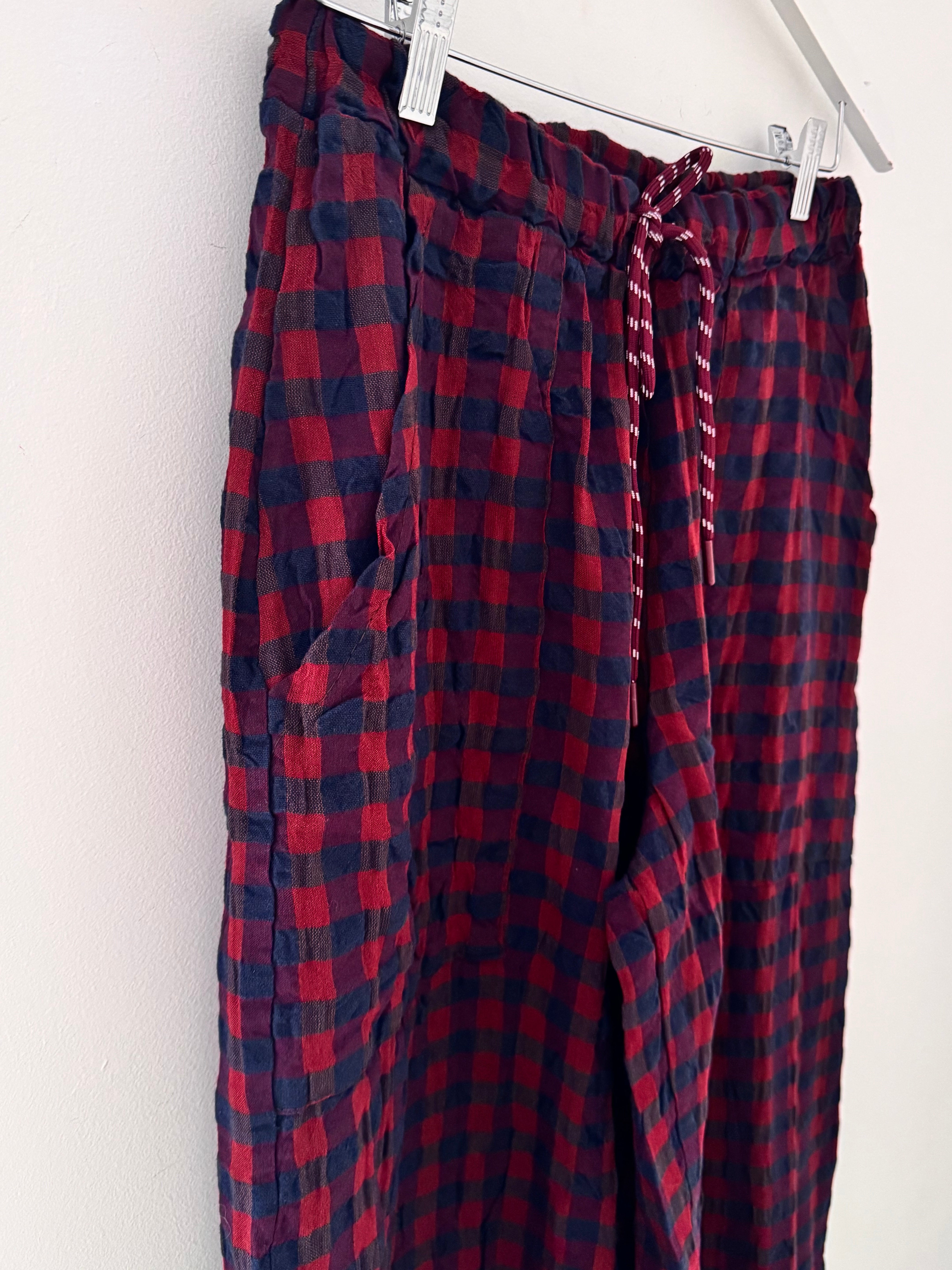 Barrel Check Trousers in Berry & Navy
