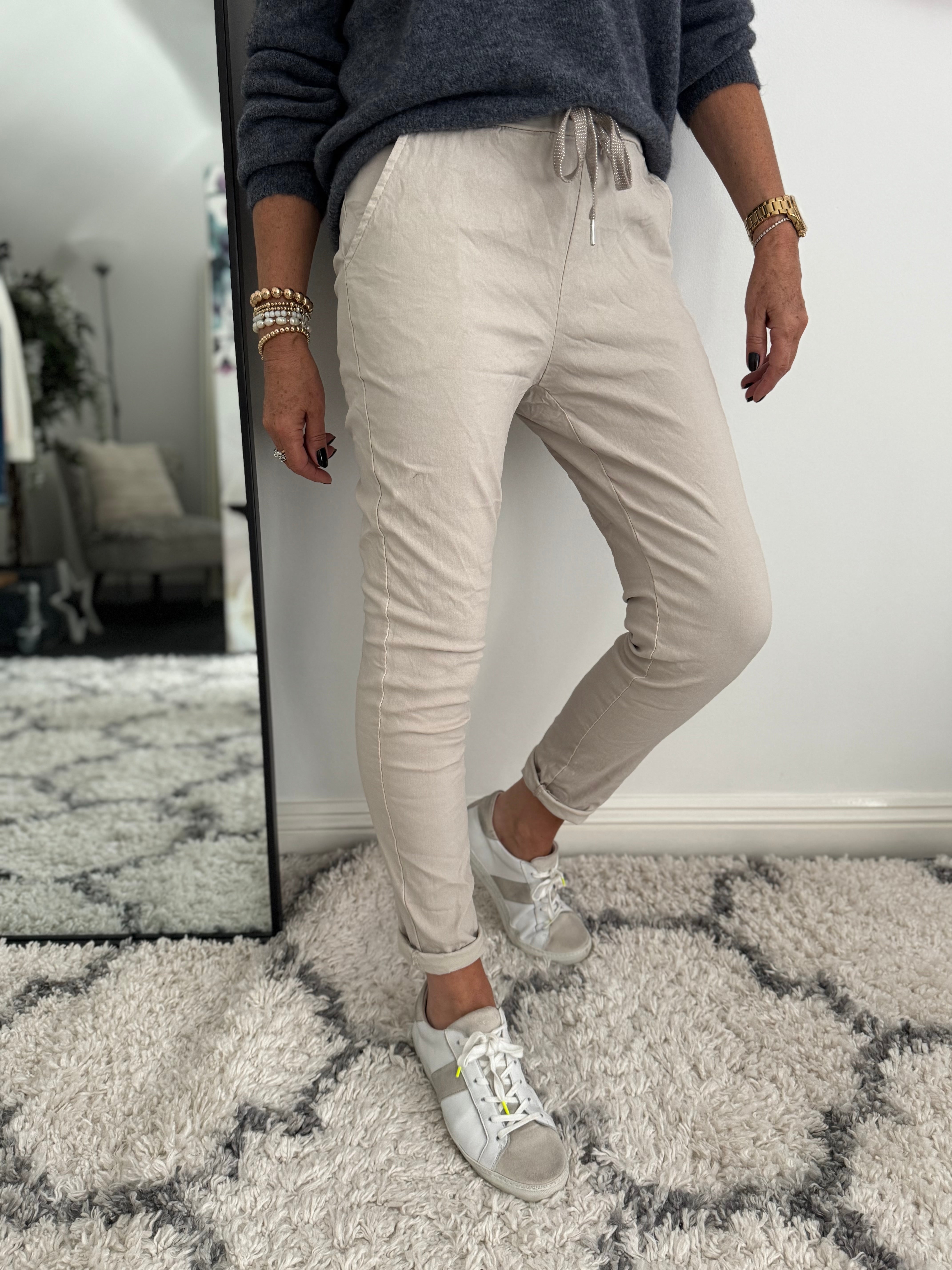 Super Stretch Joggers with Sparkly Tie in Stone