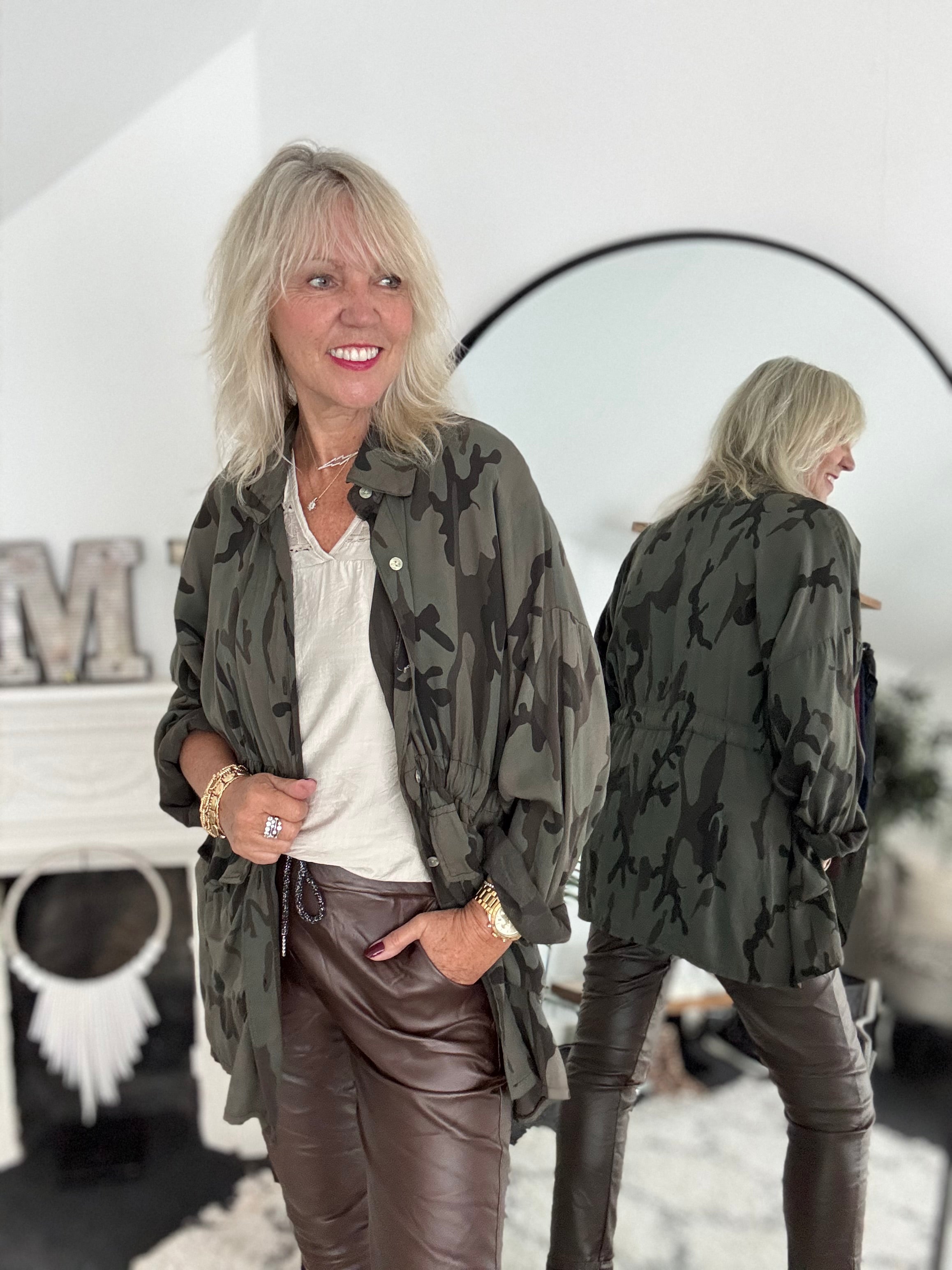 Light Camo Shacket in Khaki & Chocolate