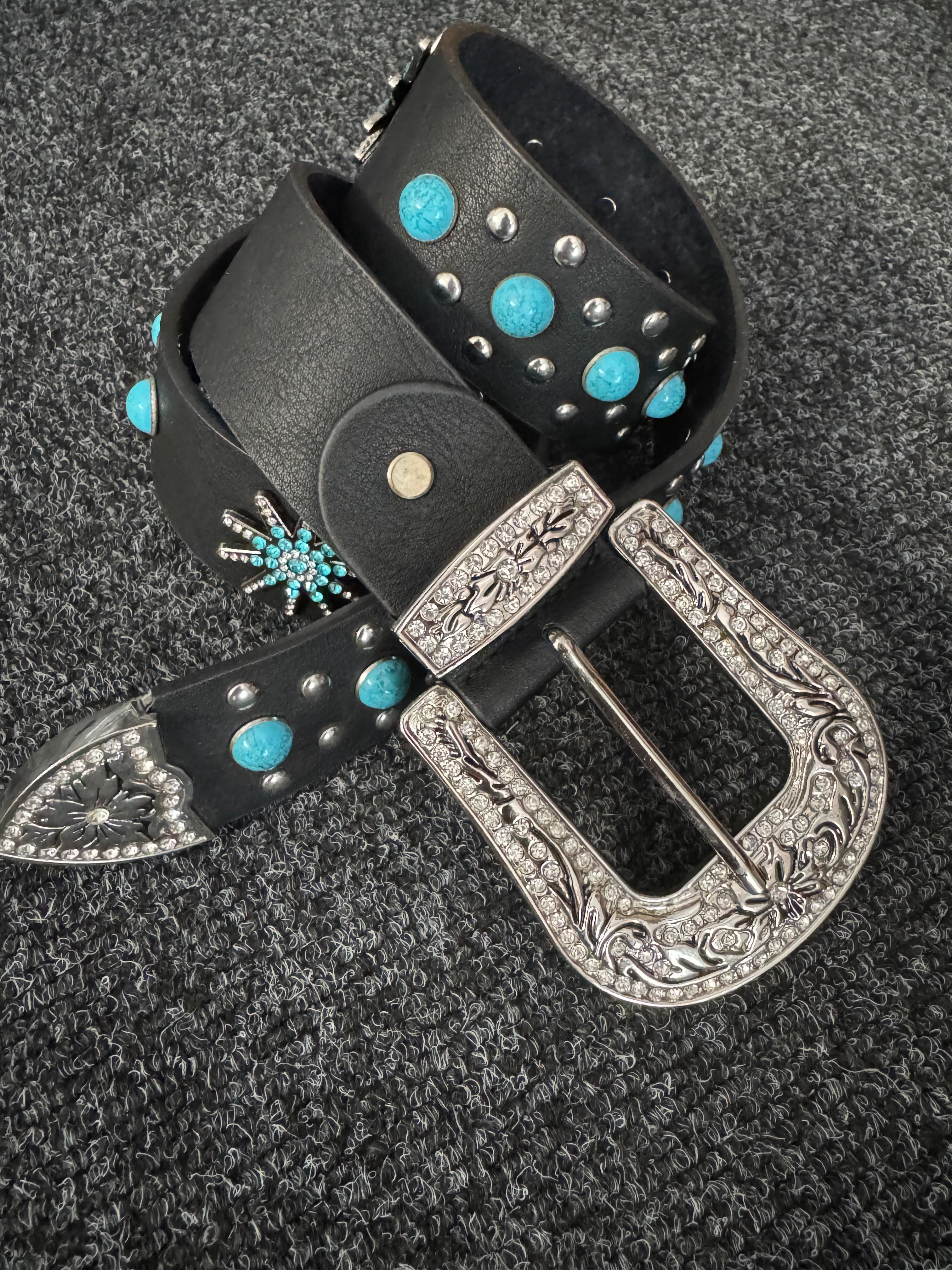 Western Studded Leather Belt in Black & Turquoise
