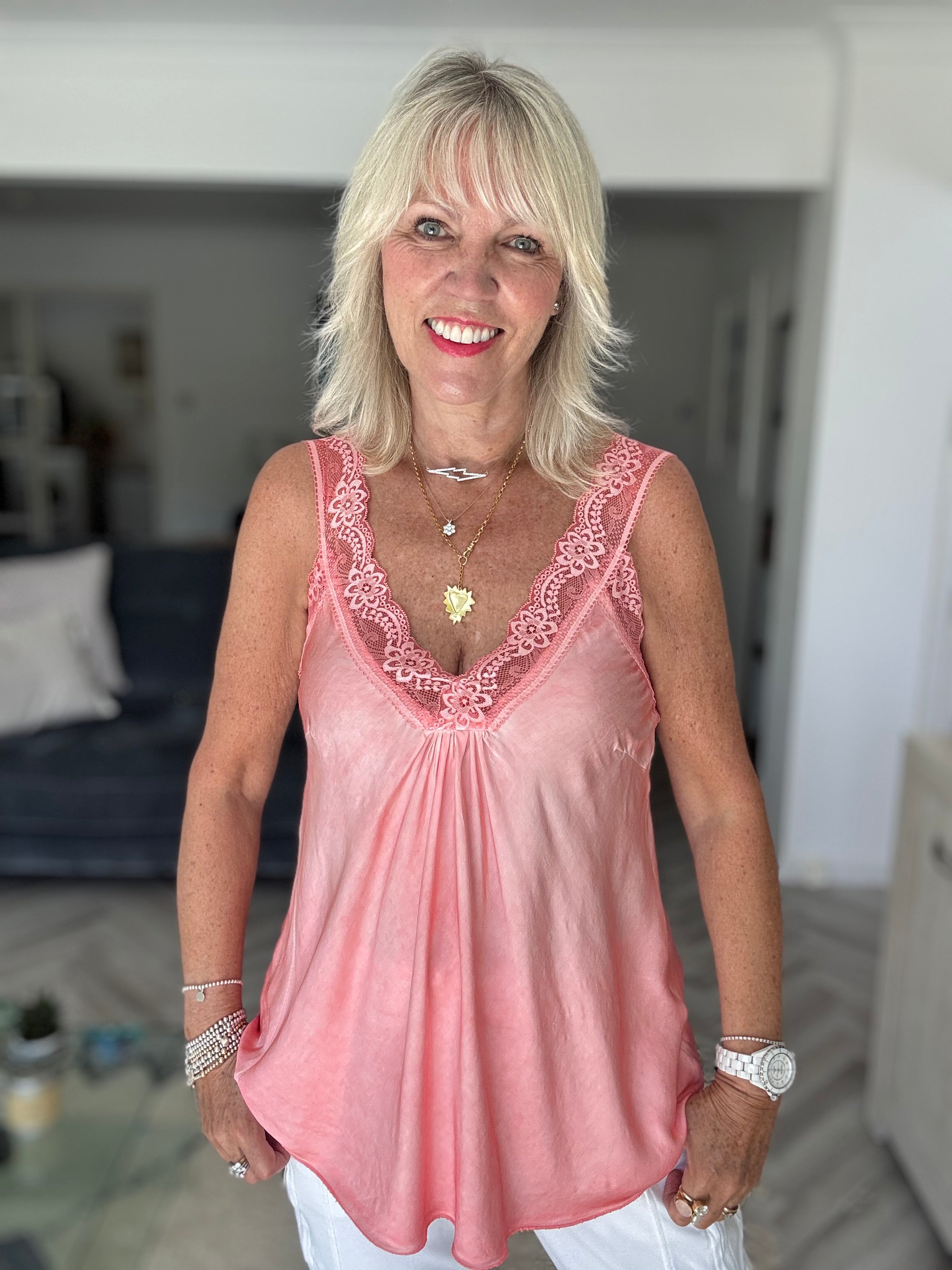 Lace Trim Silk Cami in Coral