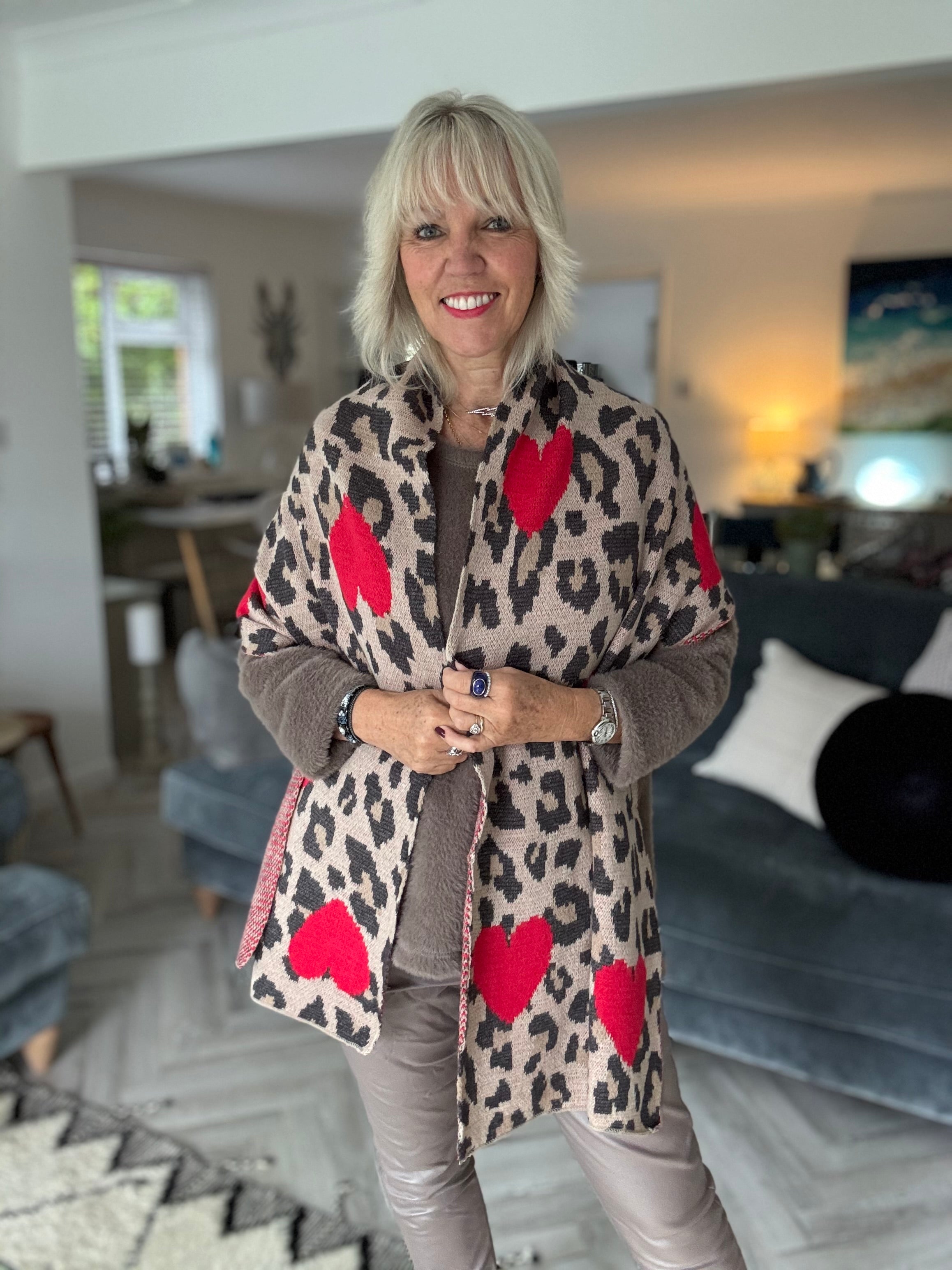 Leopard Knitted Scarf with Hearts