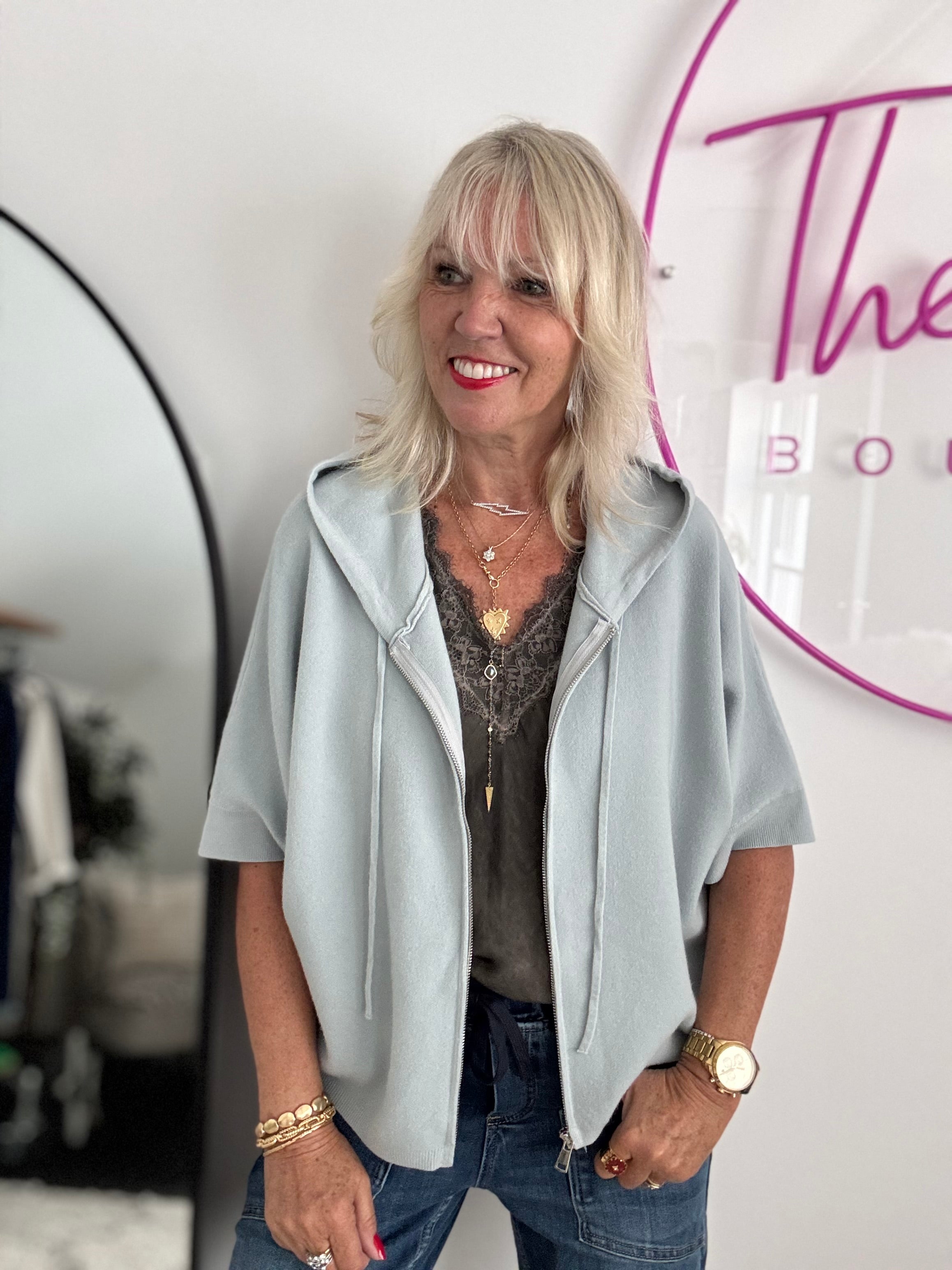 Soft Hooded Zipped Knit in Wedgewood
