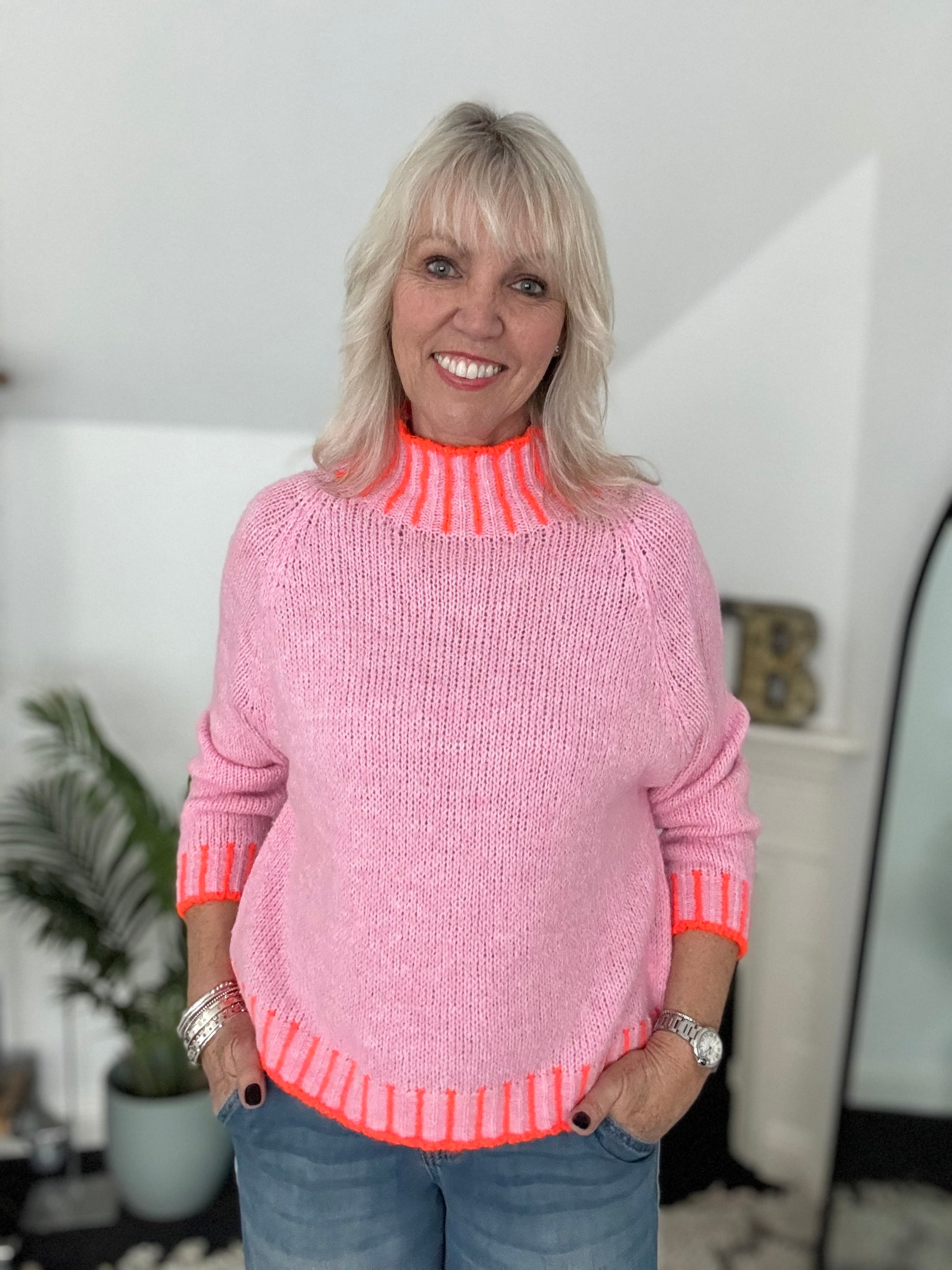 Stunning Funnel Neck Jumper in Pink & Orange