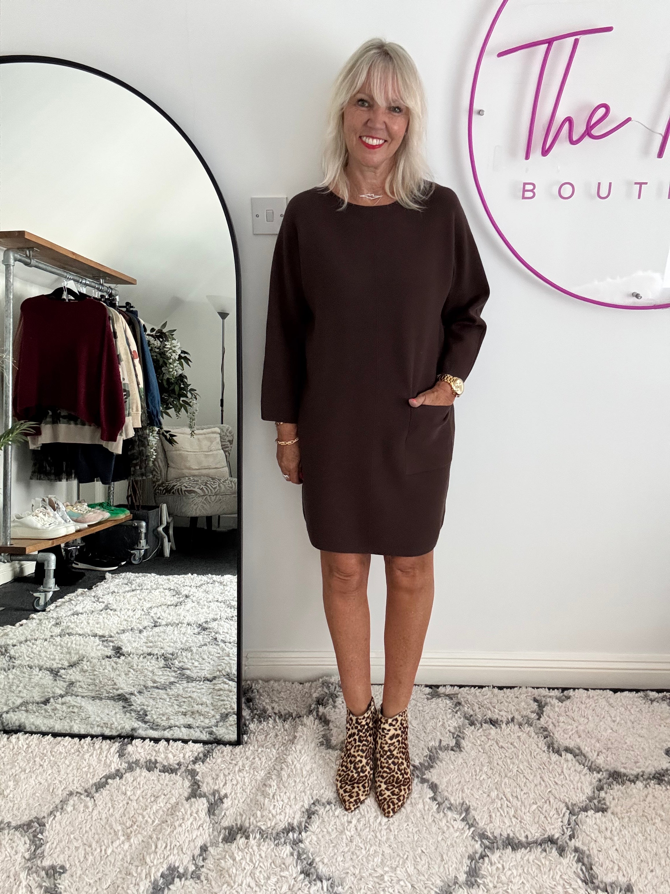 Luxe Knitted Pocket Dress in Chocolate