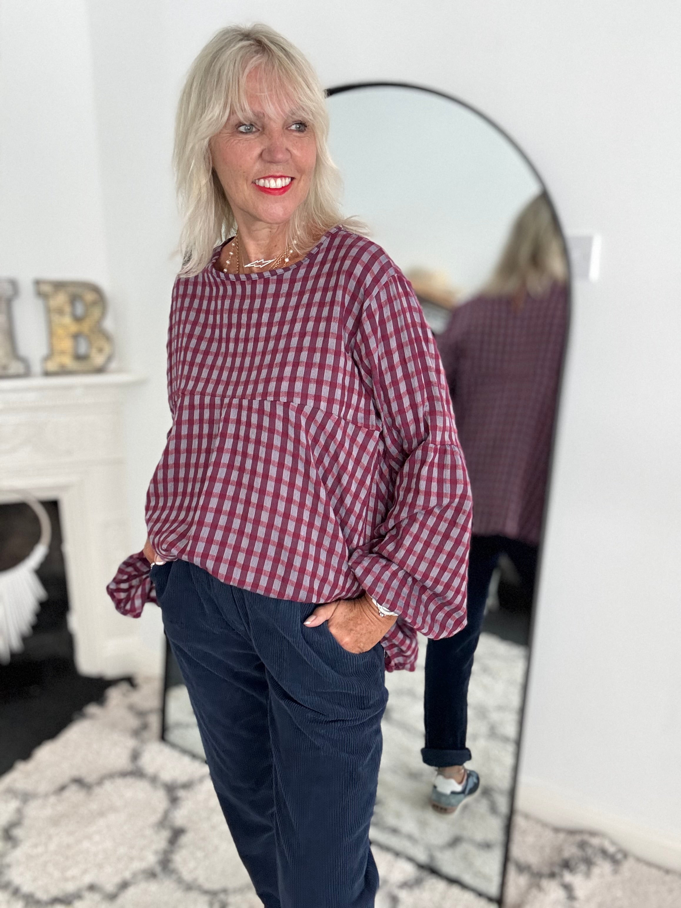 Oversized Check Top in Plum