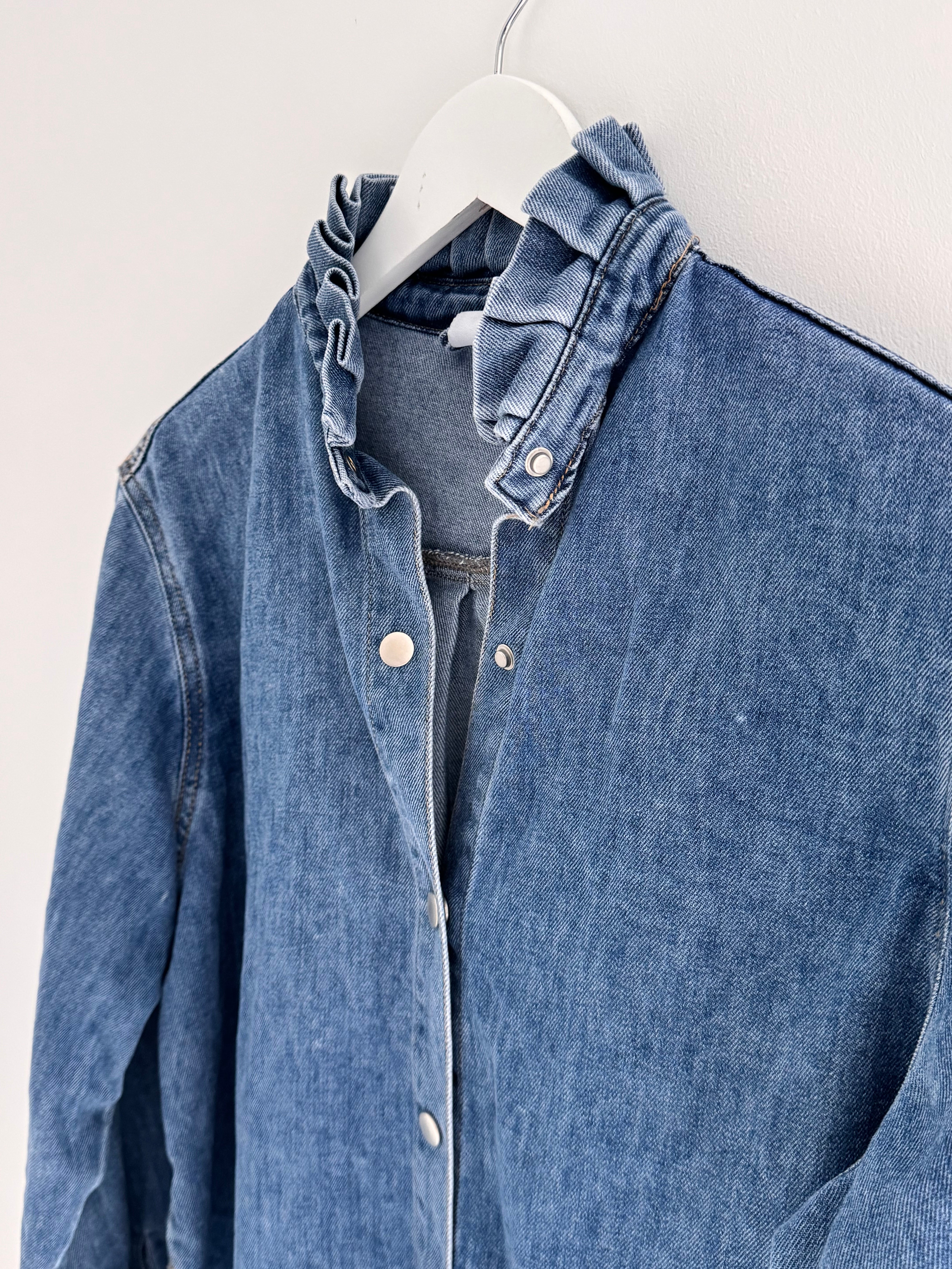 Soft Denim Shirt with Ruffle Collar