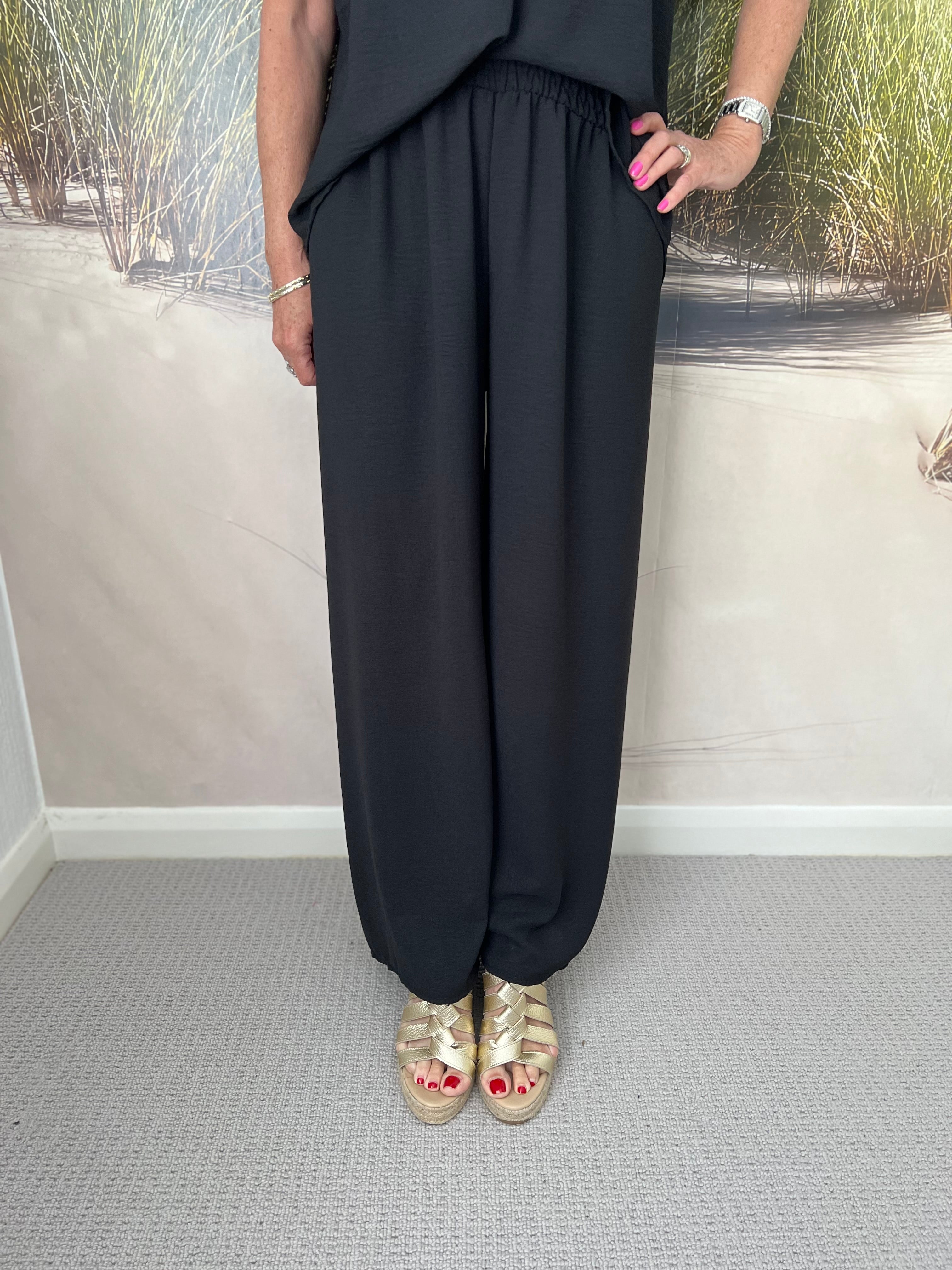 Wide Leg Crepe Trousers in Black